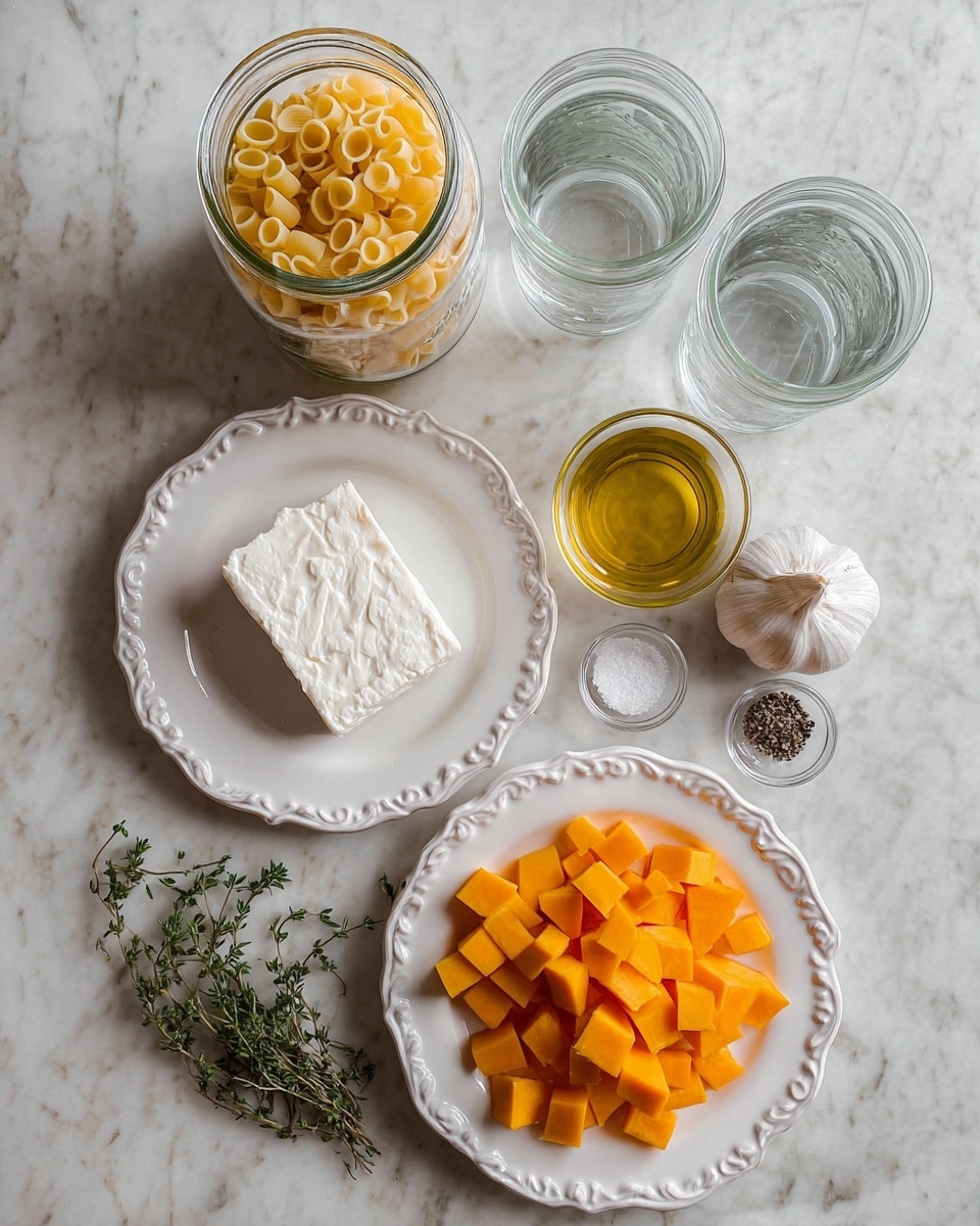 A white rectangular baking dish sits on a white marbled surface. Inside, there is one large block of soft, white cheese placed in the center, sprinkled with black pepper. Surrounding the cheese are medium-sized bright orange sweet potato chunks arranged evenly around the cheese, with their smooth texture contrasting the cheese's creamy surface. Near the cheese block, two peeled garlic cloves and a small sprig of fresh green thyme rest. The ingredients have a slight drizzle of oil, adding a light shine to the white dish photo taken with an iphone --ar 4:5 --v 7