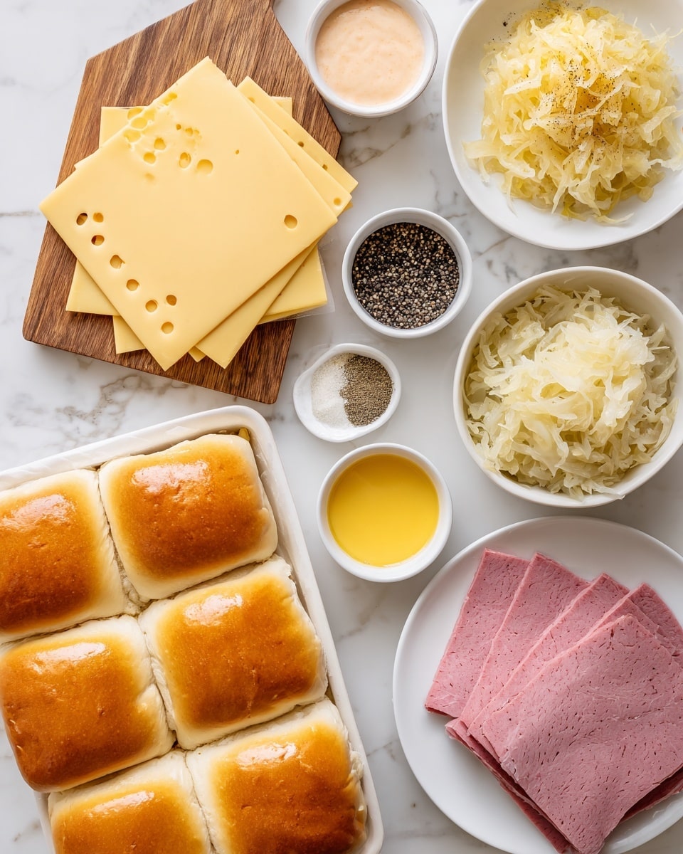 The image shows all the ingredients to make sandwiches laid out on a white marbled surface. There is a wooden cutting board holding a stack of Swiss cheese slices that are a pale yellow with holes, a small bowl of creamy yellow Dijon mustard, a small bowl of black poppy seeds, and a small bowl of off-white garlic powder. Nearby, there is a white bowl filled with light yellow sauerkraut and another white plate stacked with thin slices of pink corned beef. A small white bowl with pale orange Thousand Island salad dressing is placed near a white tray of soft, golden-brown sweet Hawaiian rolls arranged in a 3x3 grid. Lastly, a small white bowl of bright yellow melted butter with a smooth texture is also visible. The photo was taken with an iphone --ar 4:5 --v 7