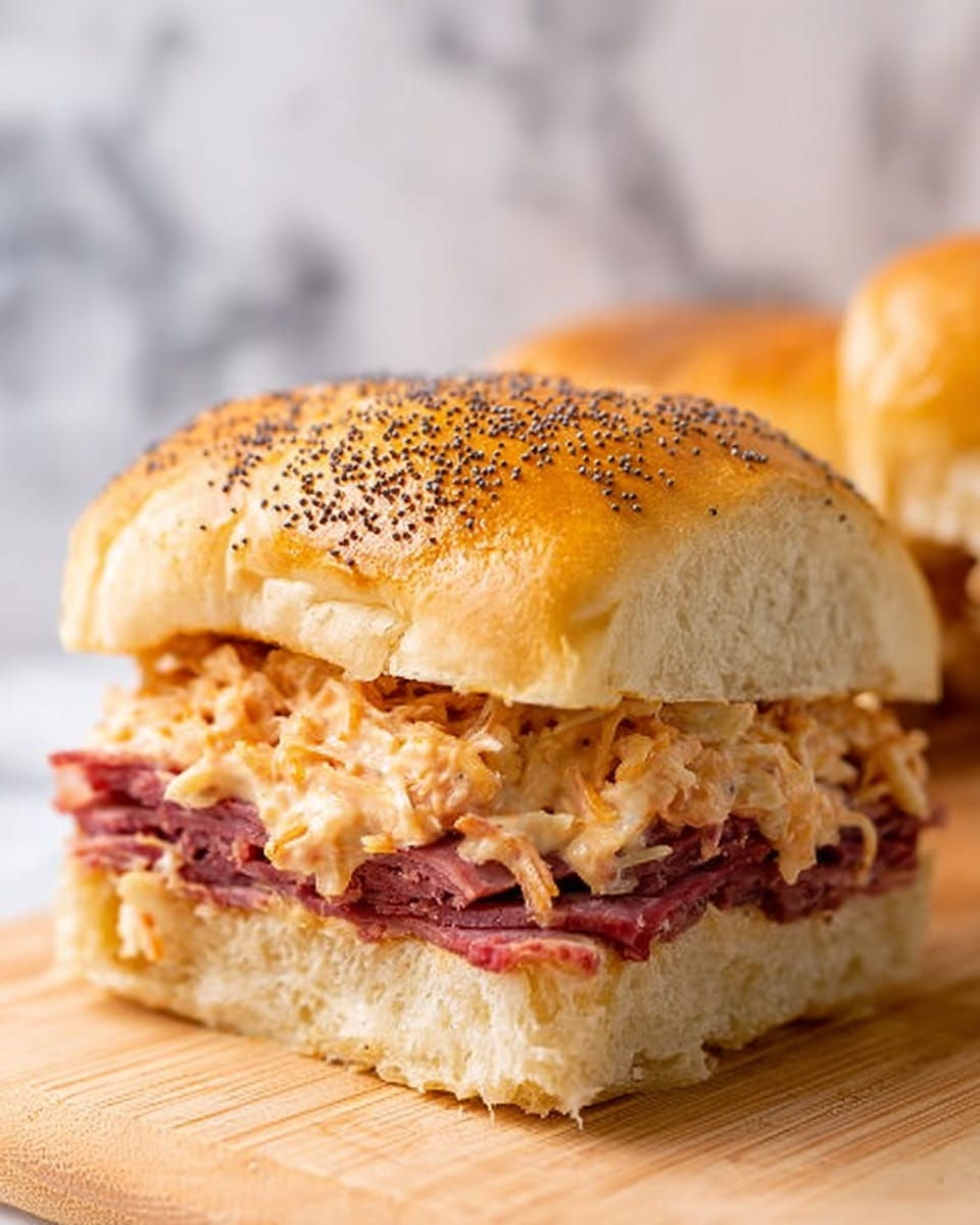 This image shows a sandwich made of two soft, golden brown buns with poppy seeds on top. Inside, there are two visible layers: at the bottom, a thick layer of sliced meat with a deep reddish color, and on top of that, a creamy, light orange spread mixed with shredded pieces. The sandwich is placed on a light-colored wooden surface with a white marbled background that is slightly blurred. The texture of the buns looks soft and fluffy, and the filling appears creamy and rich. photo taken with an iphone --ar 4:5 --v 7