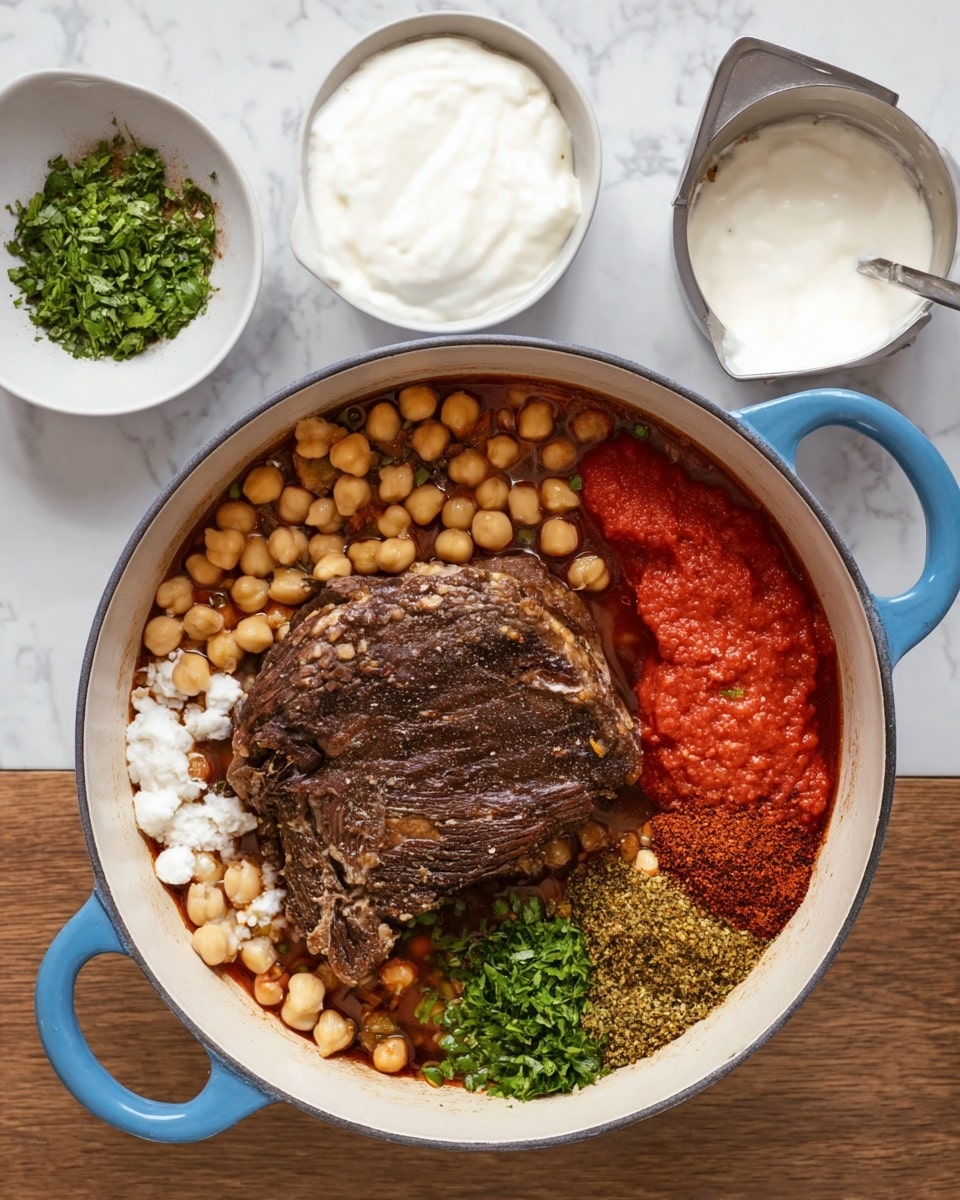 A large white cooking pot with blue handles holds a layered stew. The bottom layer is a dark brown, thick piece of cooked meat placed in the center. Surrounding the meat are light beige chickpeas scattered evenly. To the left of the meat is a smooth, bright red tomato sauce layer. On the right side near the top, there is a bunch of chopped green herbs, and below that is a small heap of finely chopped green peppers mixed with spices. Just below the meat near the center-right edge are small piles of reddish-brown spices. Next to the pot on a white marbled surface, there is a white bowl filled with thick white cream and a metal measuring cup holding a smaller amount of the same cream. Photo taken with an iphone --ar 4:5 --v 7