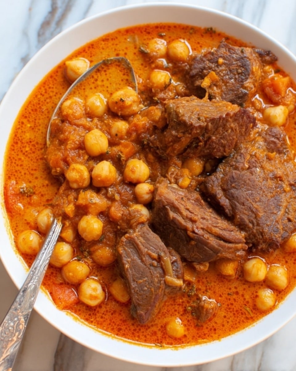 A white bowl filled with a rich orange stew layered with plump chickpeas scattered throughout and topped with four large pieces of brown, tender cooked meat arranged on one side. The stew has a thick and smooth texture with visible small bits of vegetables, and a spoon is partially resting in the bowl. The background surface is a white marbled texture. Photo taken with an iphone --ar 4:5 --v 7