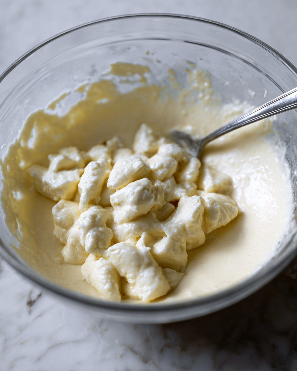 The image shows a clear glass bowl filled with a creamy, pale yellow batter that has a smooth and slightly thick texture. On top of the batter, there are irregularly shaped pieces of white dough or batter chunks, clumped together and partially submerged. A silver spoon is partially inserted into the mixture on the left side of the bowl. The background features a white marbled surface, adding a clean and bright contrast to the creamy contents in the bowl. photo taken with an iphone --ar 4:5 --v 7