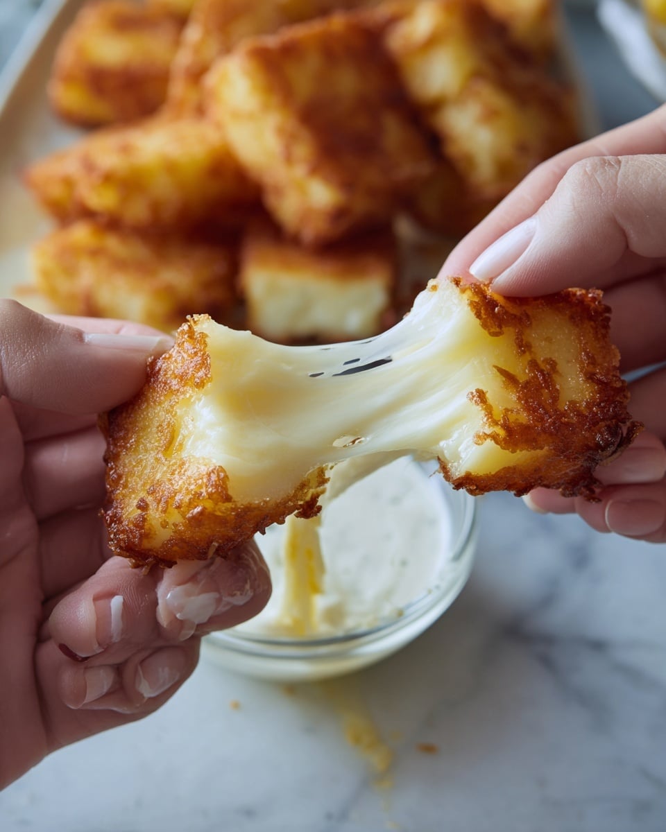 Two pieces of golden fried cheese are being pulled apart by two woman’s hands, showing long, stretchy white melted cheese between the pieces. The fried cheese has a crispy, slightly browned outer layer with a rough texture. In the background, more fried cheese pieces rest on a white plate and a white marbled surface is beneath them. A small glass bowl with white dipping sauce is partly visible next to the cheese photo taken with an iphone --ar 4:5 --v 7