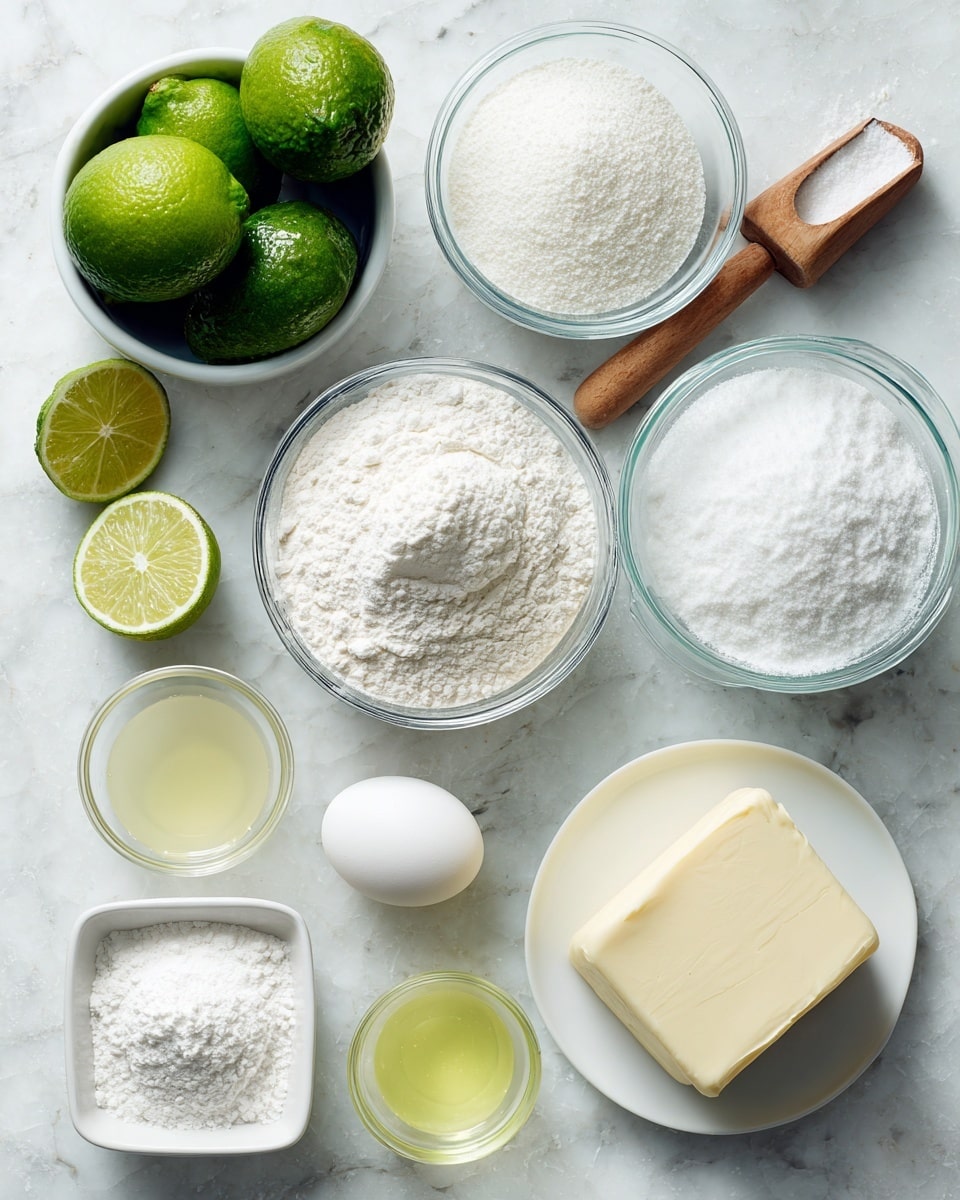 The image shows various baking ingredients arranged neatly on a white marbled surface. There are two clear glass bowls filled with a white powdery substance, one larger and one smaller, positioned near the center. A white bowl filled with several green limes and an avocado is on the left side, next to a white square bowl holding a single white egg. One lime is cut in half and placed below these bowls. A small clear glass bowl with a light yellow liquid stands next to the egg. Two white bowls contain white powders, one placed near the center and the other on the far right. A white plate holds a solid stick of butter and is positioned on the lower right. A wooden scoop rests on the bowl of sugar in the center. The setting is well-lit, clean, and organized, all with a bright and natural look. Photo taken with an iphone --ar 4:5 --v 7