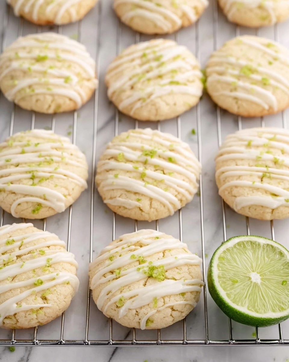 Round cookies with light golden color are laid out on a silver cooling rack over a white marbled surface. Each cookie has a drizzle of white icing in a loose zigzag pattern on the top, with tiny green lime zest sprinkles scattered over them. On the right side of the rack, there is a half lime with a bright green inside facing up. The overall look is soft and fresh, with the cookies evenly spaced in a grid pattern photo taken with an iphone --ar 4:5 --v 7