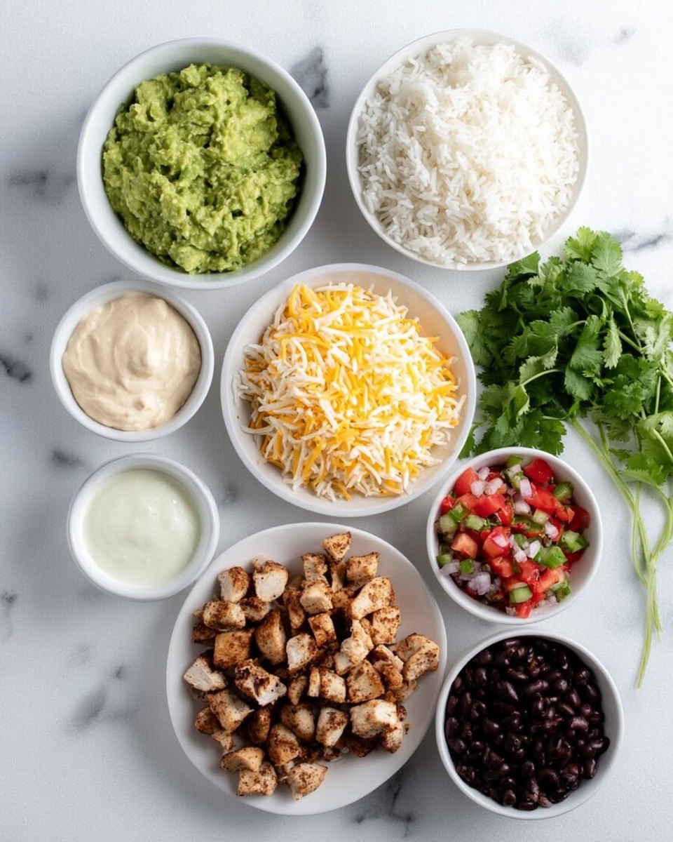 A top-down view of seven white bowls and plates on a white marbled surface, each holding different food items arranged separately. The largest bowl, placed top-right, is filled with fluffy white rice. To its left, a medium bowl contains a thick layer of green guacamole with a smooth texture. Below the guacamole, a smaller bowl holds shredded yellow and white cheese mixed together. At the center bottom is a white plate with a pile of small, evenly chopped grilled chicken pieces showing a slightly browned texture. To its left, a small white bowl contains creamy, light beige sour cream. Next to it is another small bowl filled with colorful pico de gallo made of diced red tomatoes, white onions, and green peppers. At the bottom right, a small bowl holds shiny black beans. A bunch of fresh green cilantro is placed upright on the right edge of the frame. photo taken with an iphone --ar 4:5 --v 7