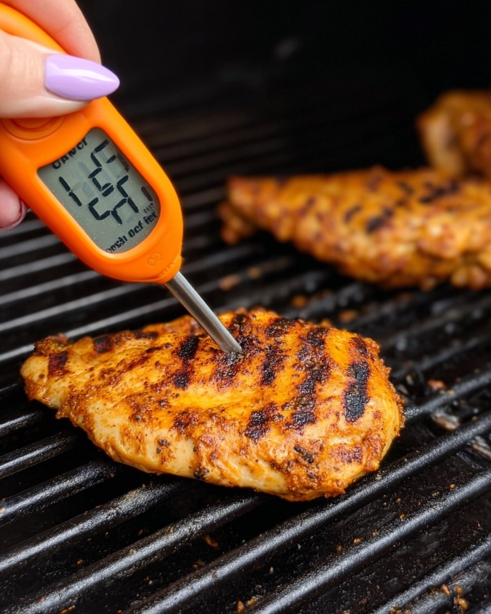 A close-up view of two pieces of grilled chicken sitting on black grill grates. One piece is in the foreground, showing dark grill marks and a seasoned, golden-brown surface with a slightly crispy texture. A woman's hand with light purple nail polish is holding an orange meat thermometer inserted into the thicker part of the front chicken piece, displaying a reading of 165 degrees. The background is filled with the dark grill surface, emphasizing the contrast between the chicken and grill. Photo taken with an iphone --ar 4:5 --v 7