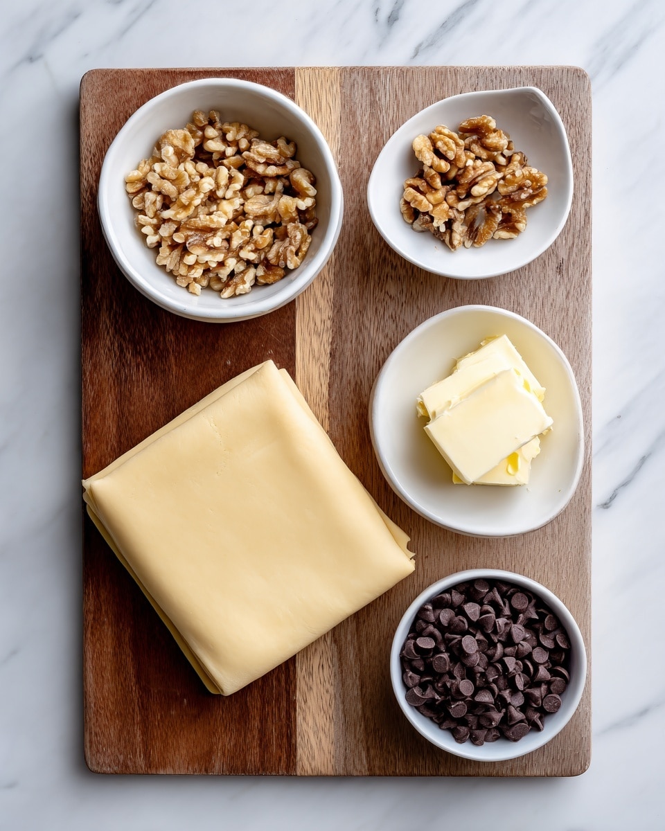 The image shows ingredients on a white marbled surface: in the center bottom, a smooth square sheet of vegan puff pastry on a wooden cutting board, above it three small bowls with ingredients—on the left, a white bowl filled with light brown chopped walnuts; in the middle, a small white dish with a soft, pale yellow dairy-free butter; on the right, a white bowl containing dark brown semi-sweet chocolate chips. The ingredients are spaced evenly, all visible from above. Photo taken with an iphone --ar 4:5 --v 7