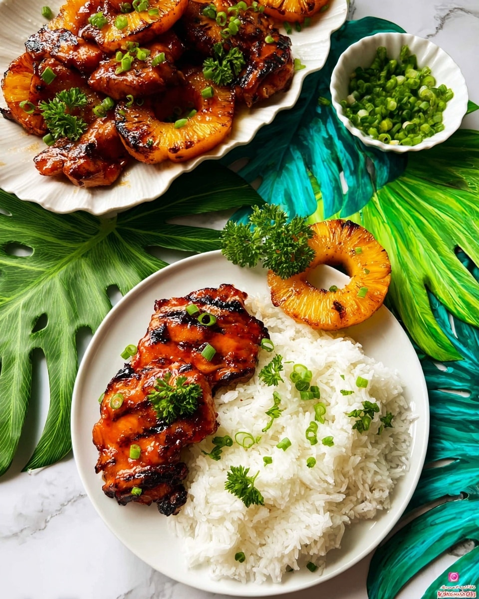 A white plate holds a serving of white rice sprinkled with small green onion pieces on the left side, while the right side has two grilled, glazed pieces of meat with a shiny, caramelized orange-brown color and slight black grill marks, topped with fresh green parsley and green onion slices. A grilled pineapple ring with a golden yellow color is placed behind the meat. Above the plate, there is a white scalloped dish piled with multiple glazed grilled meat pieces and pineapple rings, also garnished with parsley and green onion slices. The setting is on a white marbled surface with large, vibrant green and blue tropical leaves partially visible underneath. In the corner, a small white bowl with chopped green onions completes the scene. photo taken with an iphone --ar 4:5 --v 7