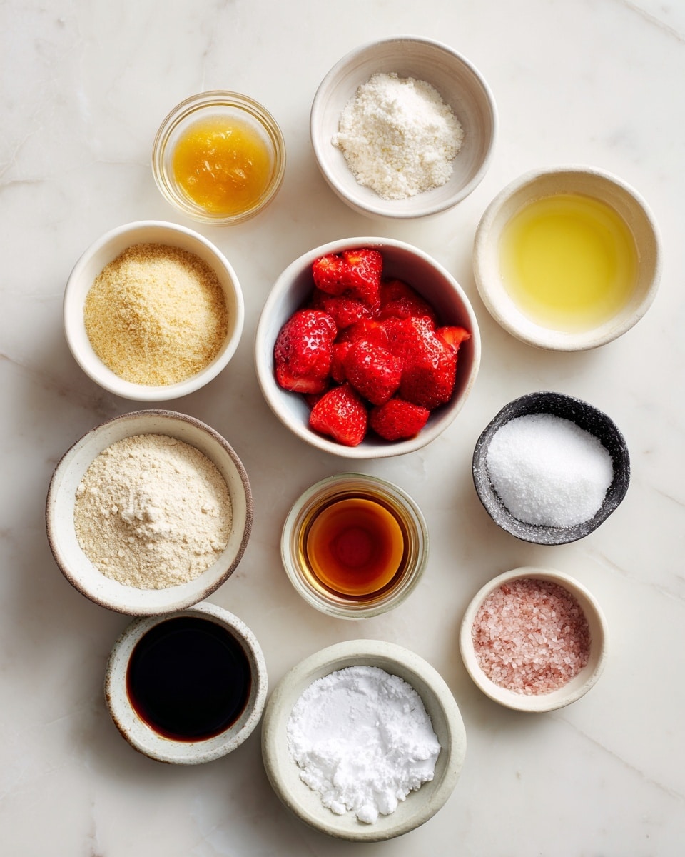 A collection of small white bowls arranged on a white marbled surface, each filled with different ingredients: one bowl has bright red frozen strawberries, another holds light beige almond flour, and two bowls contain white tapioca starch. There are two bowls with dark amber maple syrup, a pale yellow bowl with lemon zest, and a bowl with white palm shortening that looks soft and creamy. Small bowls with white baking powder, clear lemon juice, dark vanilla extract, and a light pink salt complete the set. All the bowls are neat and filled with smooth or powdery textures, shown from above in soft natural light. Photo taken with an iphone --ar 4:5 --v 7