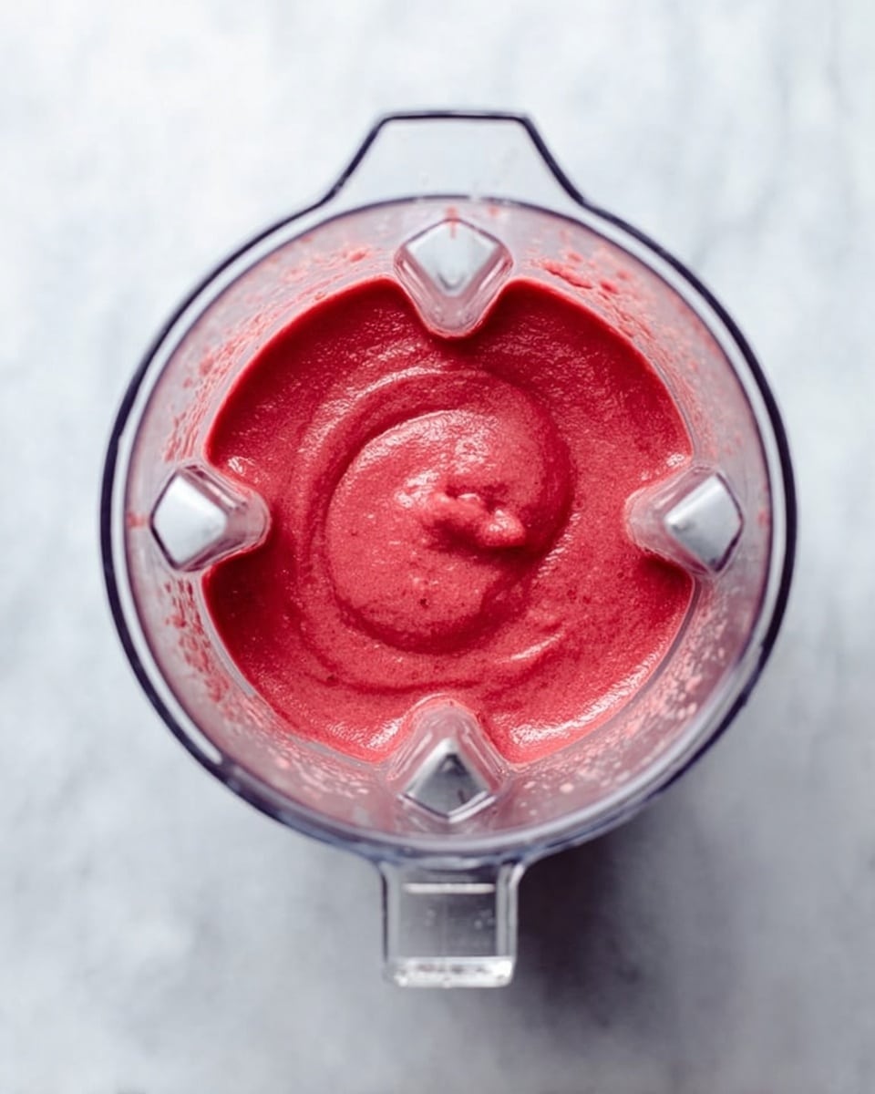 A clear blender container is shown from above, filled with a smooth, thick red mixture with a slightly swirled texture on top. The blender is placed on a white marbled surface, and the blending container has clear, sharp edges around its top. The red mixture looks creamy and even, without chunks or pieces on the surface. Photo taken with an iphone --ar 4:5 --v 7