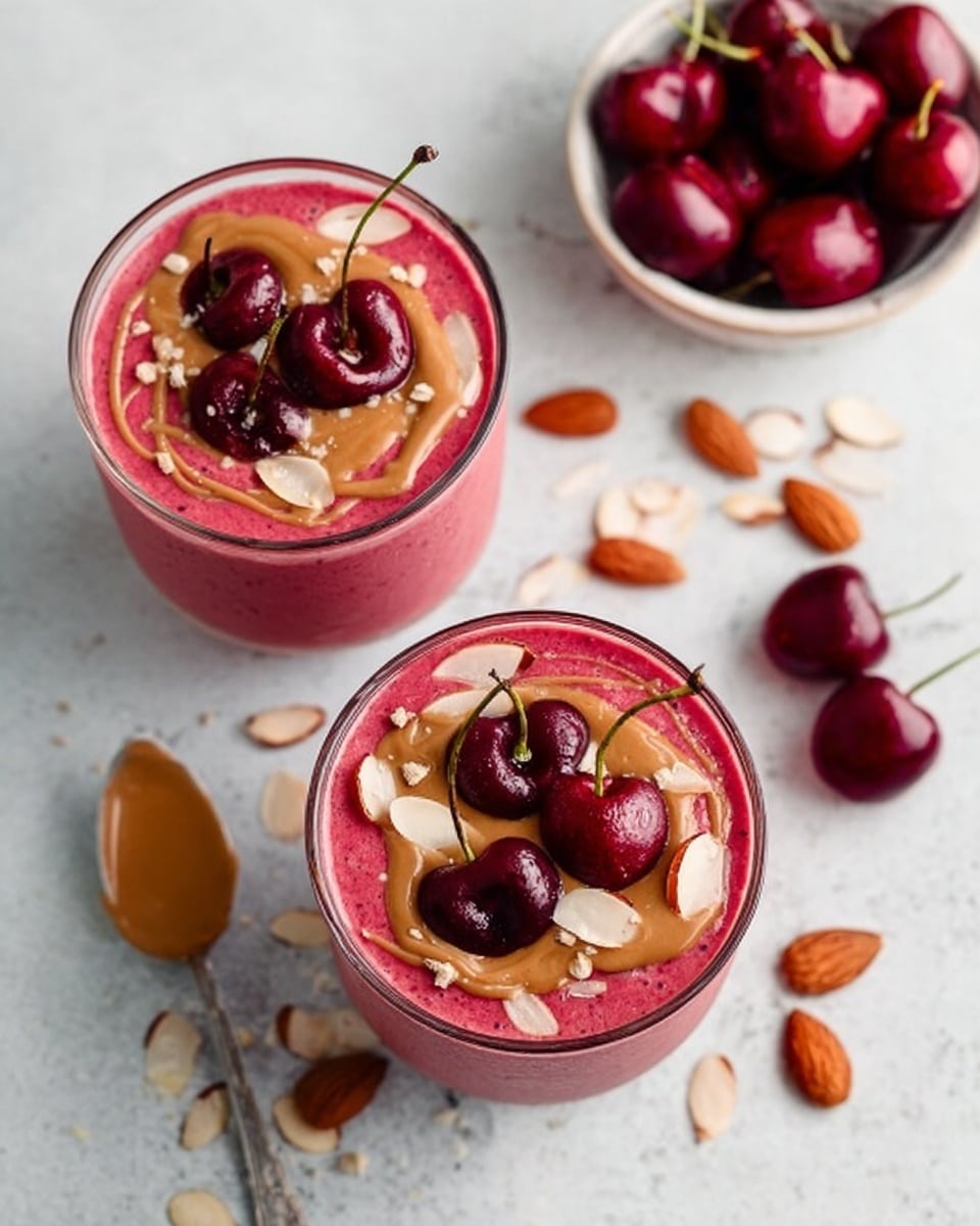 Two glasses filled with a thick pink smoothie form the main part of this image. Each glass has a topping layer made of three dark red cherries, a swirl of light brown sauce, and scattered thin almond slices. One small white bowl with more bright red cherries sits near the top right corner. Several almond slices and a few loose cherries are scattered on a white marbled table surface. A metal spoon with more light brown sauce lies near the bottom left. Photo taken with an iphone --ar 4:5 --v 7