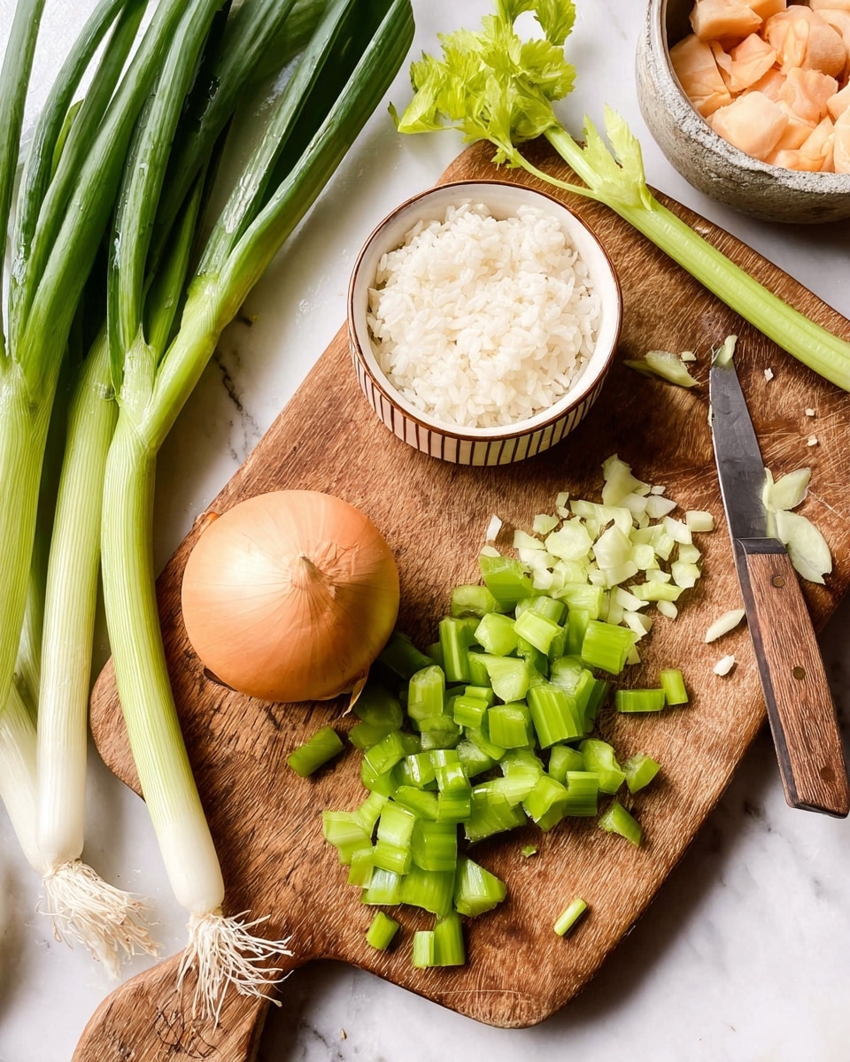 The image shows a wooden cutting board placed on a white marbled surface, with fresh vegetables and chopped ingredients arranged on it. On the left side, there are several bright green spring onions with white roots and green celery stalks with leaves at the top. Next to them, a whole light brown onion sits on the board. Near the center, there is a small white bowl with brown striped edges filled with chopped white onions. To the right, chopped green celery pieces are neatly scattered, and a small knife with a wooden handle rests among the celery. Part of a beige bowl with light orange chunks and a metal cup with white rice are visible in the background. A woman's hand is not visible, only the knife suggests recent preparation photo taken with an iphone --ar 4:5 --v 7