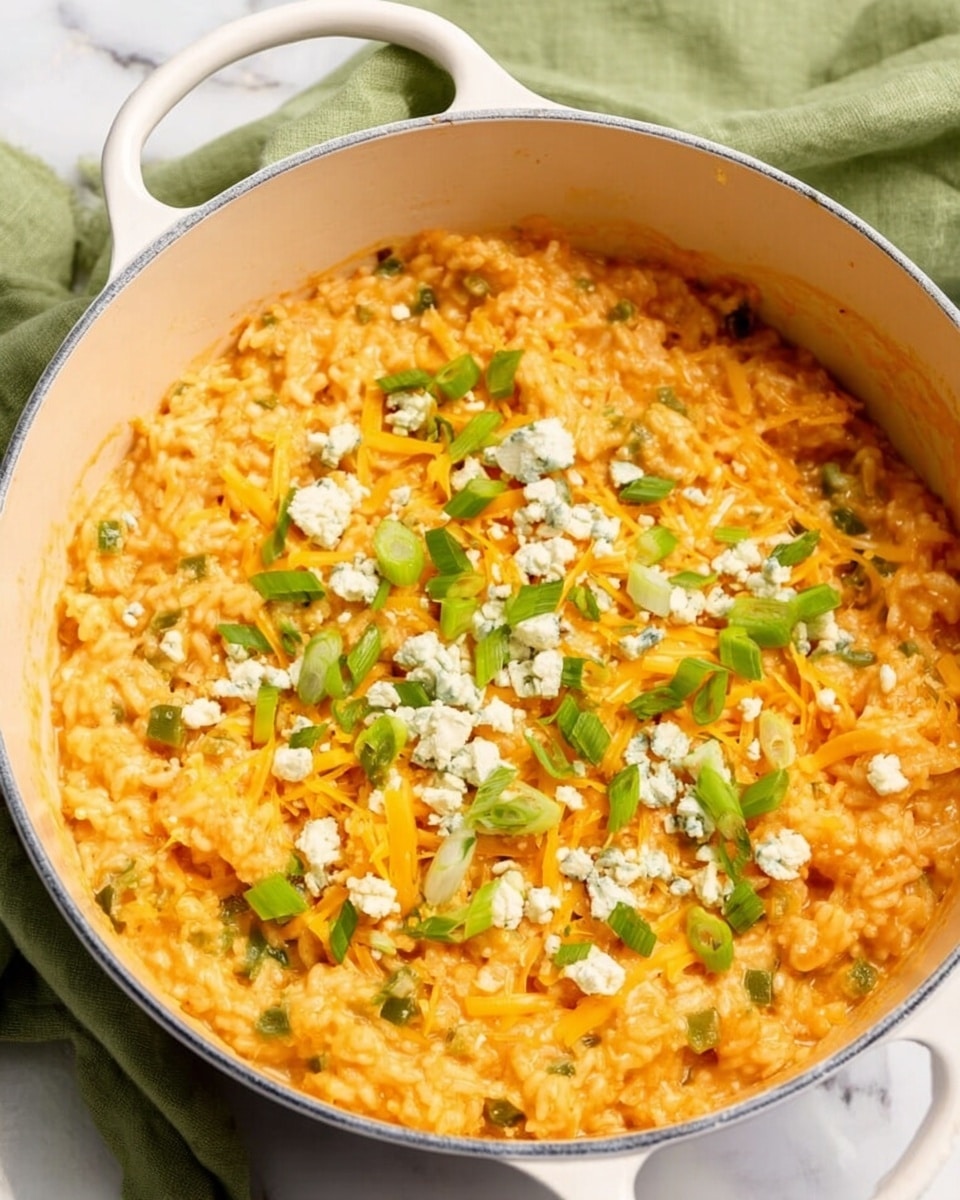 A white pot filled with a creamy orange rice dish mixed with bits of green jalapeno peppers. There is shredded yellow cheese sprinkled evenly throughout the top layer. On top of the cheese, small white crumbles of cheese are spread widely. Finally, bright green chopped scallions are scattered on the very top. The pot sits on a white marbled surface with a green cloth in the background. photo taken with an iphone --ar 4:5 --v 7