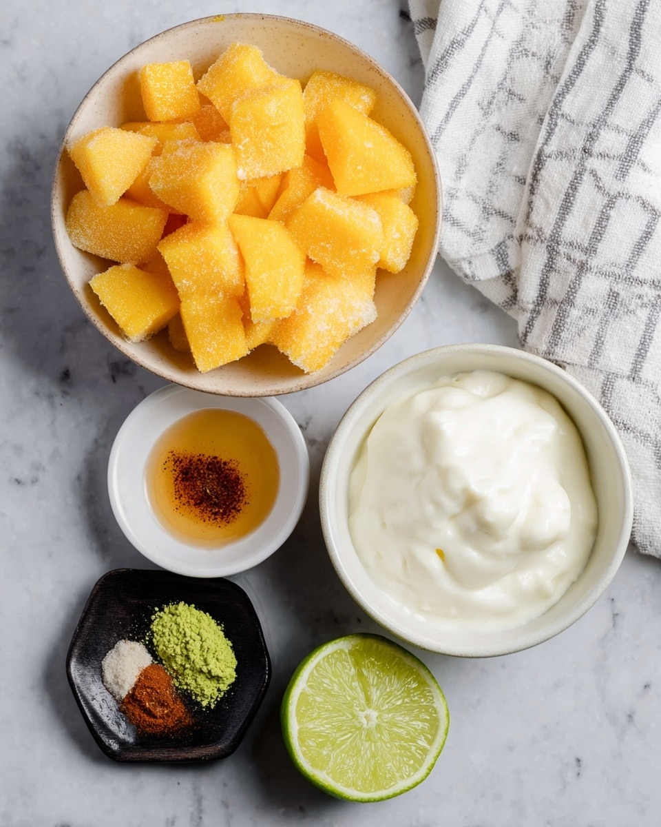 A top-down view shows five bowls and a lime half arranged on a white marbled surface. The largest bowl, placed at the top left, is filled with chunky yellow-orange frozen mango pieces with frosty textures. To the top right, a white bowl holds a smooth, thick white creamy substance with soft peaks. Below it, a small white bowl contains light golden honey with a glossy surface. At the left center, a small black bowl contains two piles of powdered ingredients: a bright green zest and a reddish-brown spice. At the bottom right, a lime half with a textured light-green inside is placed directly on the white marbled surface. A white and gray striped cloth partially appears at the top right corner. Photo taken with an iphone --ar 4:5 --v 7