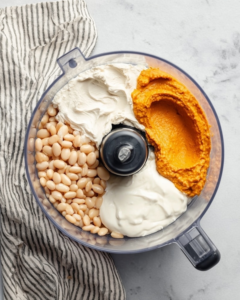 The image shows a clear food processor bowl on a white marbled surface with a striped cloth nearby. Inside the bowl, there are four distinct layers arranged side by side: pale beige cooked white beans on the left, thick white cream cheese at the top, bright orange sauce on the right, and smooth white sour cream at the bottom. The food processor's central black blade piece is visible in the middle, dividing the ingredients. The textures vary from soft beans to creamy sauces, all contained within the round, clear bowl. photo taken with an iphone --ar 4:5 --v 7