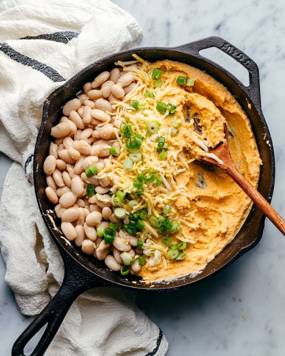 The image shows a black cast iron skillet filled with a creamy orange dip spread on one side and white beans piled on the other side. On top of both the dip and beans, there are small green onion slices and some shredded yellow and white cheese sprinkled evenly. A wooden spoon is placed inside the skillet, resting on the creamy dip with a few green onions visible on the spoon. The skillet sits on a white marbled surface with a white cloth with black stripes next to it. photo taken with an iphone --ar 4:5 --v 7