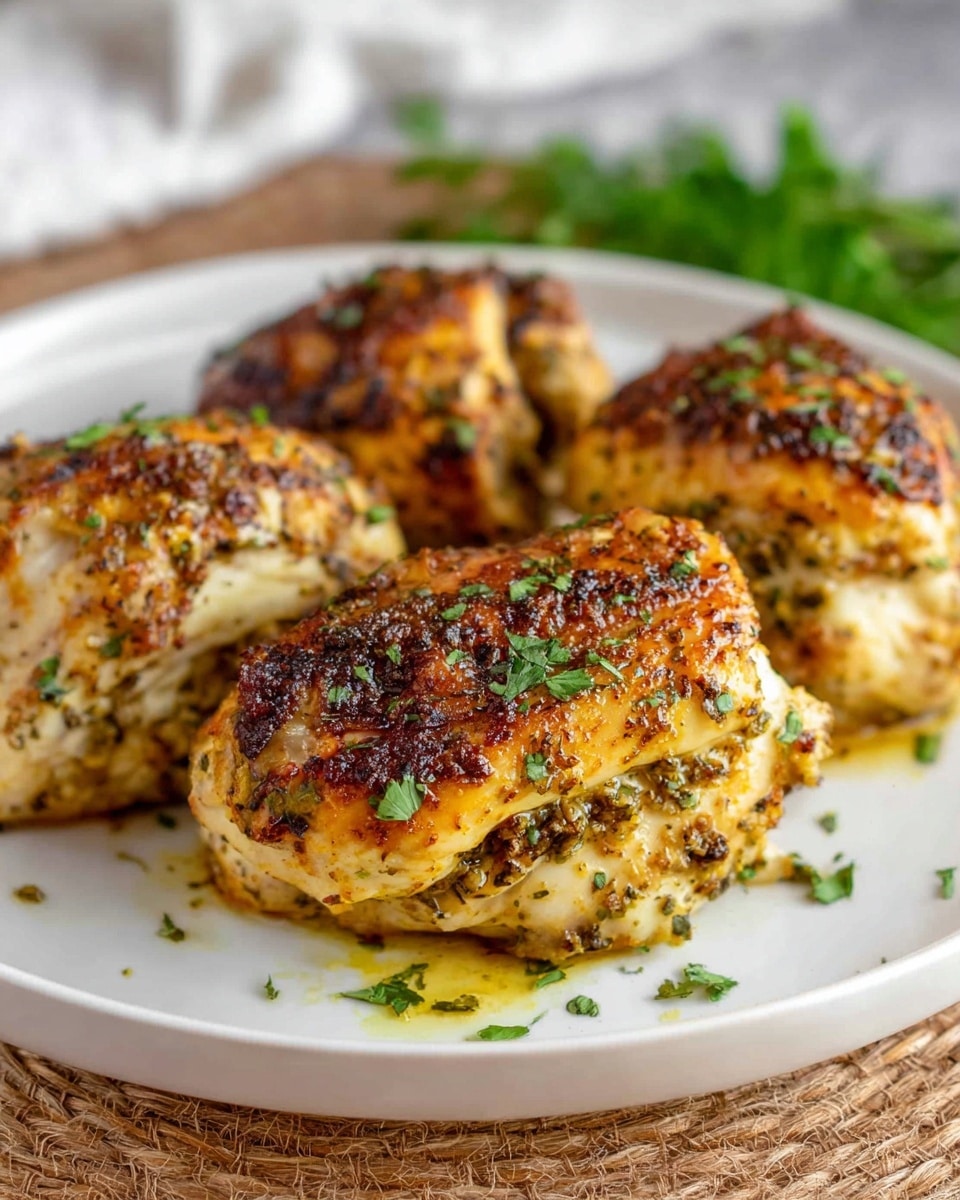 The image shows four pieces of cooked stuffed chicken on a white plate with a few green herbs in the background. Each chicken piece is golden brown on top with a crispy texture and has visible bits of herbs and seasoning. The chicken looks juicy with a slightly oily shine, and some green parsley flakes are sprinkled on and around the pieces. The plate rests on a woven mat with a white marbled surface beneath it. photo taken with an iphone --ar 4:5 --v 7