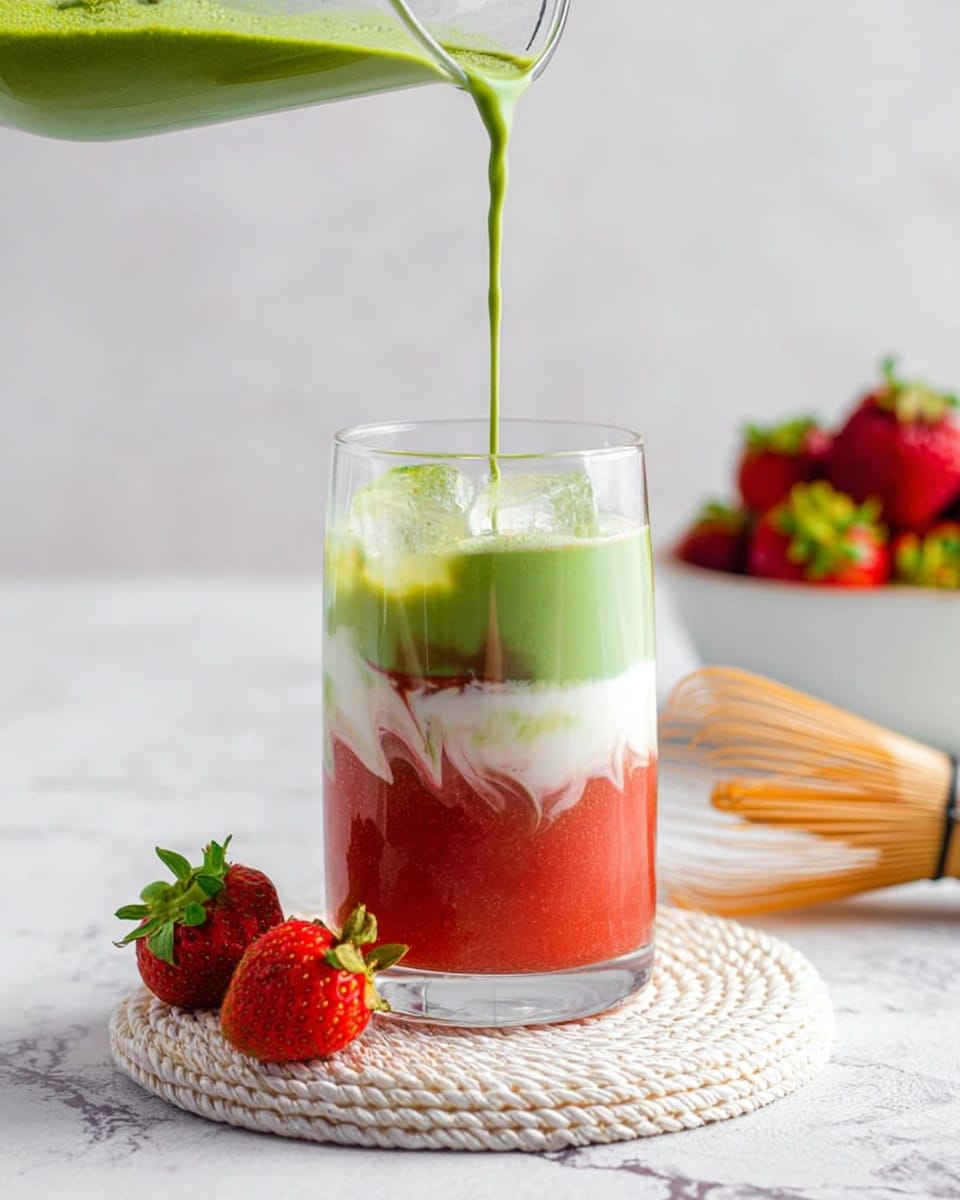 The image shows a clear glass with four visible layers of a colorful drink placed on a round textured white mat over a white marbled surface. The bottom layer is bright red with a thick texture, partially mixed with a creamy white layer just above it, creating swirling patterns. Above the white layer is a light green layer that looks smooth and creamy. The topmost layer, which is being poured into the glass, is a vibrant green liquid with a thin texture. There are a few ice cubes visible inside the glass, submerged in the top two layers. Around the glass, on the white marbled surface, there are two fresh strawberries with green leaves. To the left of the glass is a bamboo matcha whisk. In the blurred background is a white bowl filled with strawberries. Photo taken with an iphone --ar 4:5 --v 7