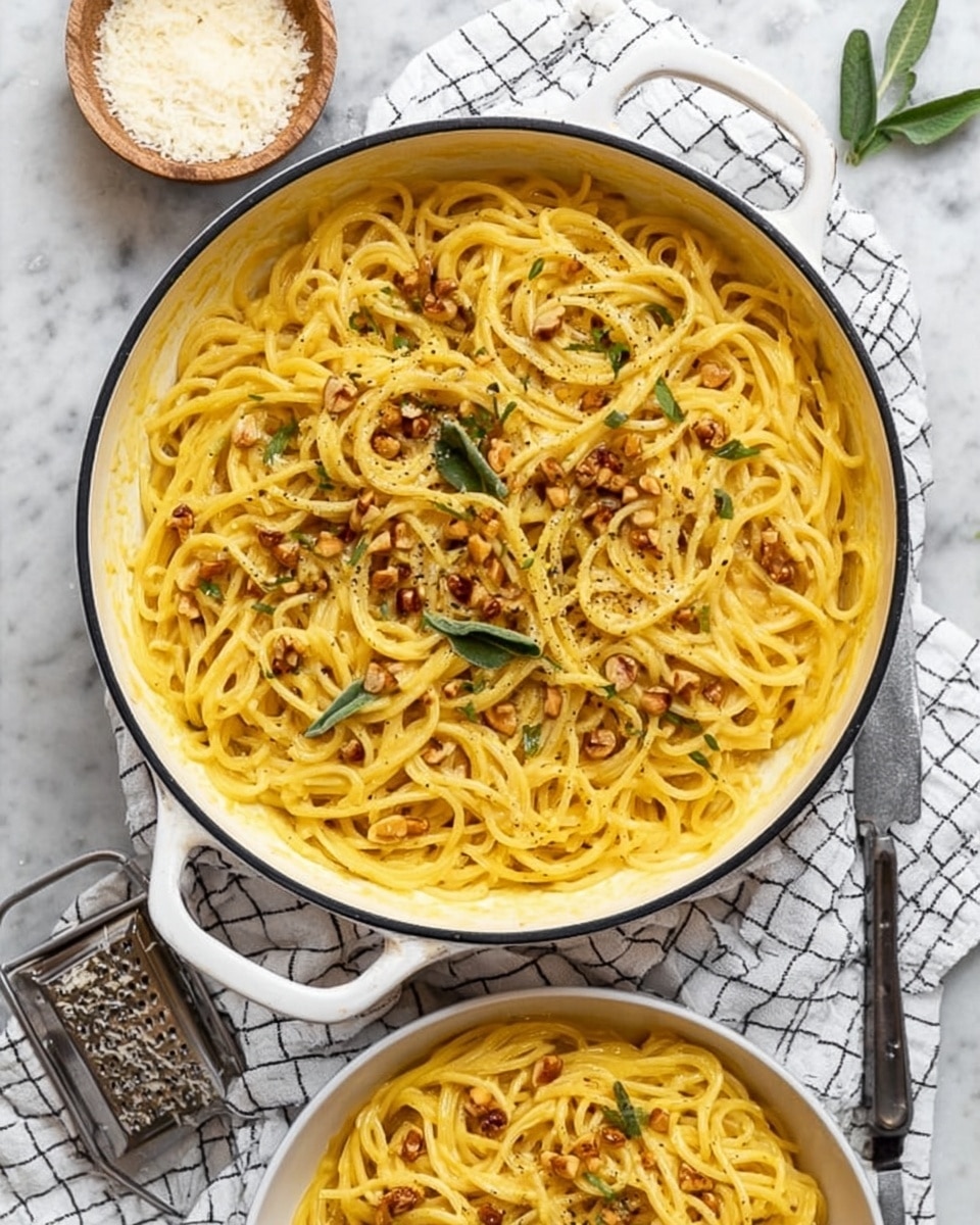 A white pan filled with a creamy yellow pasta sauce holding round, tangled spaghetti noodles mixed evenly throughout. On top, small pieces of light brown nuts and some thin, green herb leaves are sprinkled for garnish. The pan rests on a white and black checkered cloth on a white marbled surface. Nearby, a small white bowl with grated cheese, a silver grater, and some fresh herbs complete the scene. The lighting is bright and natural, showing texture and color clearly. photo taken with an iphone --ar 4:5 --v 7