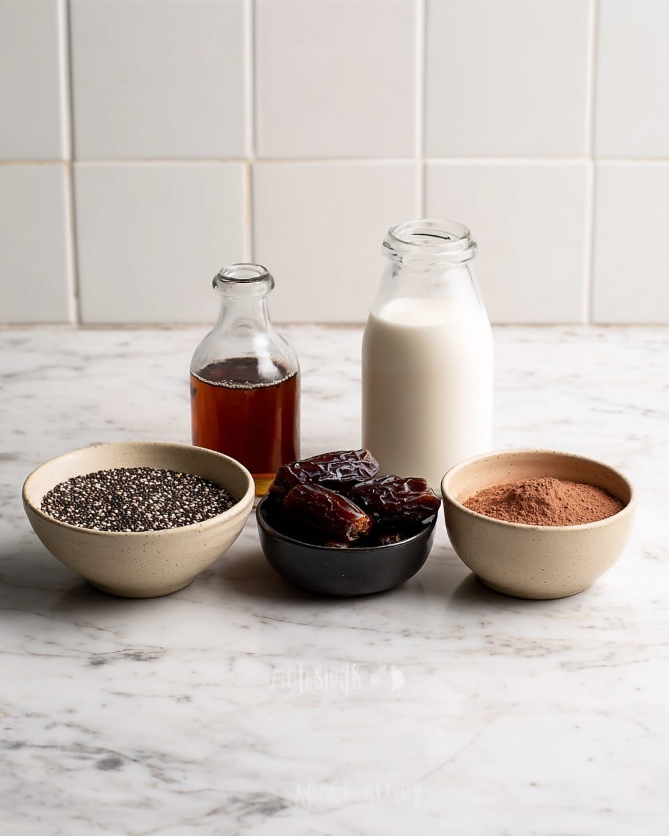 The image shows five small containers on a white marbled surface with a white tiled background. From left to right, there is a beige bowl filled with black and white chia seeds, a small glass bottle with dark amber syrup, a small black bowl holding five shiny dark brown dates, a tall glass bottle full of white milk, and another beige bowl filled with light brown cocoa powder. The containers are evenly spaced, with no visible shadows or reflections. photo taken with an iphone --ar 4:5 --v 7