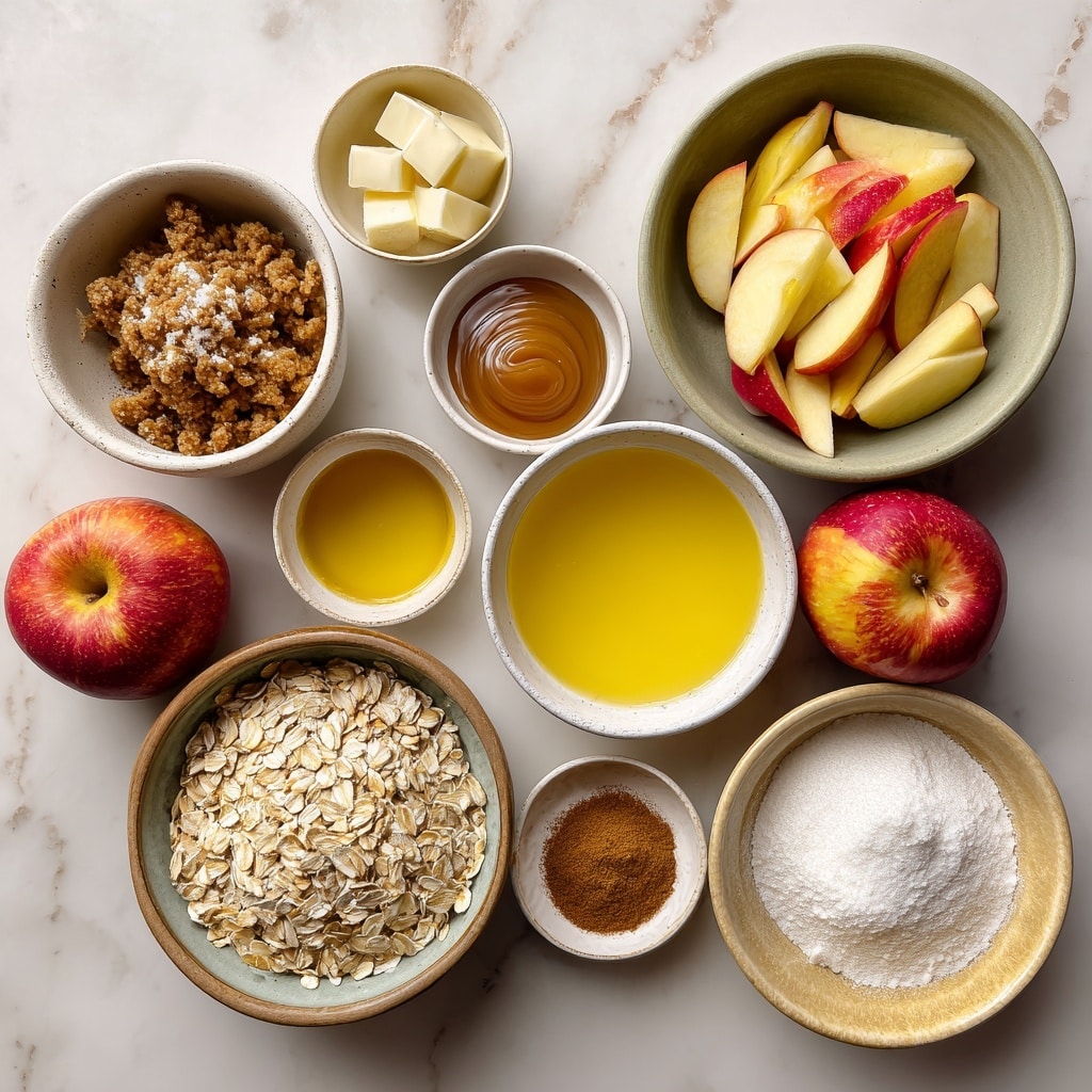 A close-up view of a white bowl filled with a layered dessert. The bottom layer has soft, small, yellow fruit pieces, likely apples, covered with a thick, glossy, caramel-like sauce. The top layer consists of a crumbly, golden-brown oat mixture with a slightly rough texture, evenly spread over the fruit and sauce. The bowl sits on a white marbled surface, with the focus mainly on the topping’s texture and the shining caramel sauce peeking through. photo taken with an iphone --ar 4:5 --v 7