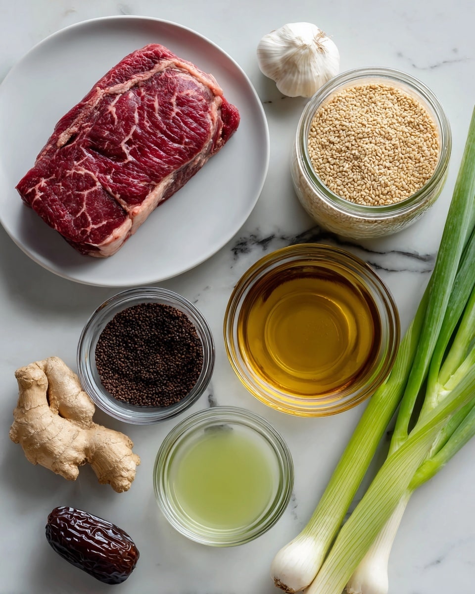 The image shows eight ingredients arranged on a white marbled surface: a thick raw red steak with streaks of fat placed on a white plate in the upper left; a clear jar filled with light tan sesame seeds to the right of the steak; a small white garlic bulb below the jar on the right side; a clear glass bowl with golden brown sesame oil in the center; a clear glass cup below the oil bowl filled with dark brown coconut aminos; fresh light brown ginger root in the center bottom; a clear glass bowl with pale green avocado oil next to the ginger; a single dark brown Medjool date near the bottom left; and two long green onions with white bulbs crossing the bottom right corner of the image. Photo taken with an iphone --ar 4:5 --v 7