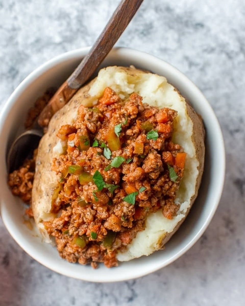 The image shows a white bowl filled with a stuffed baked potato. The potato is split open, with soft, fluffy white potato inside forming a base layer. On top of this, there is a thick layer of cooked, seasoned ground meat mixed with small diced vegetables in shades of orange and light green, with a slightly chunky texture. Some fresh green herbs are sprinkled on top for color contrast. The bowl rests on a white marbled surface, and a woman's hand is holding a wooden-handled utensil nearby. Photo taken with an iphone --ar 4:5 --v 7