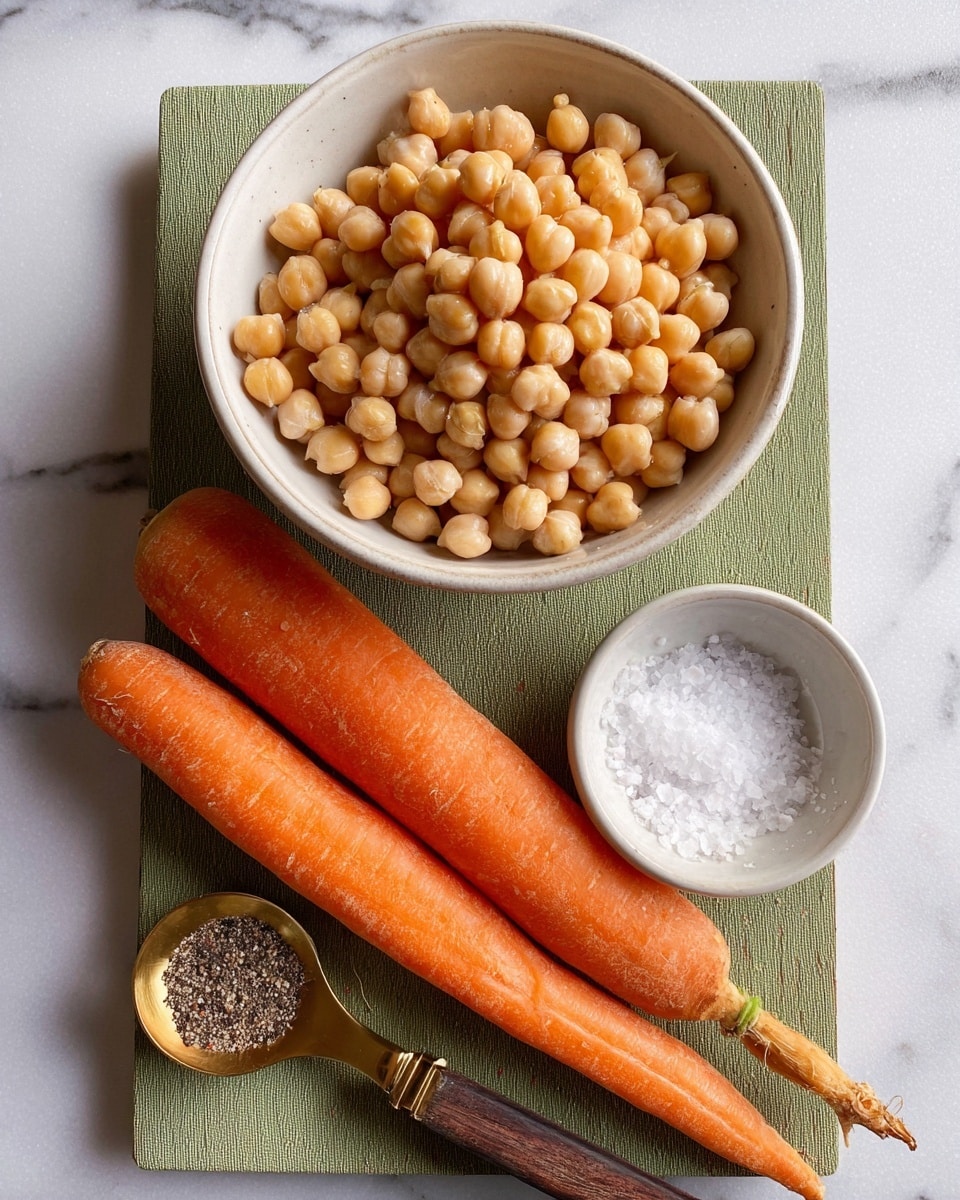 A white bowl filled with light beige chickpeas sits on the top of a green textured cutting board. Below the bowl, two long, bright orange carrots lay side by side with a slightly rough texture and greenish tops. To the right of the carrots, a small white bowl holds white salt crystals, and to the left, a gold and dark wooden teaspoon contains ground black pepper. The entire scene is set on a white marbled surface. photo taken with an iphone --ar 4:5 --v 7