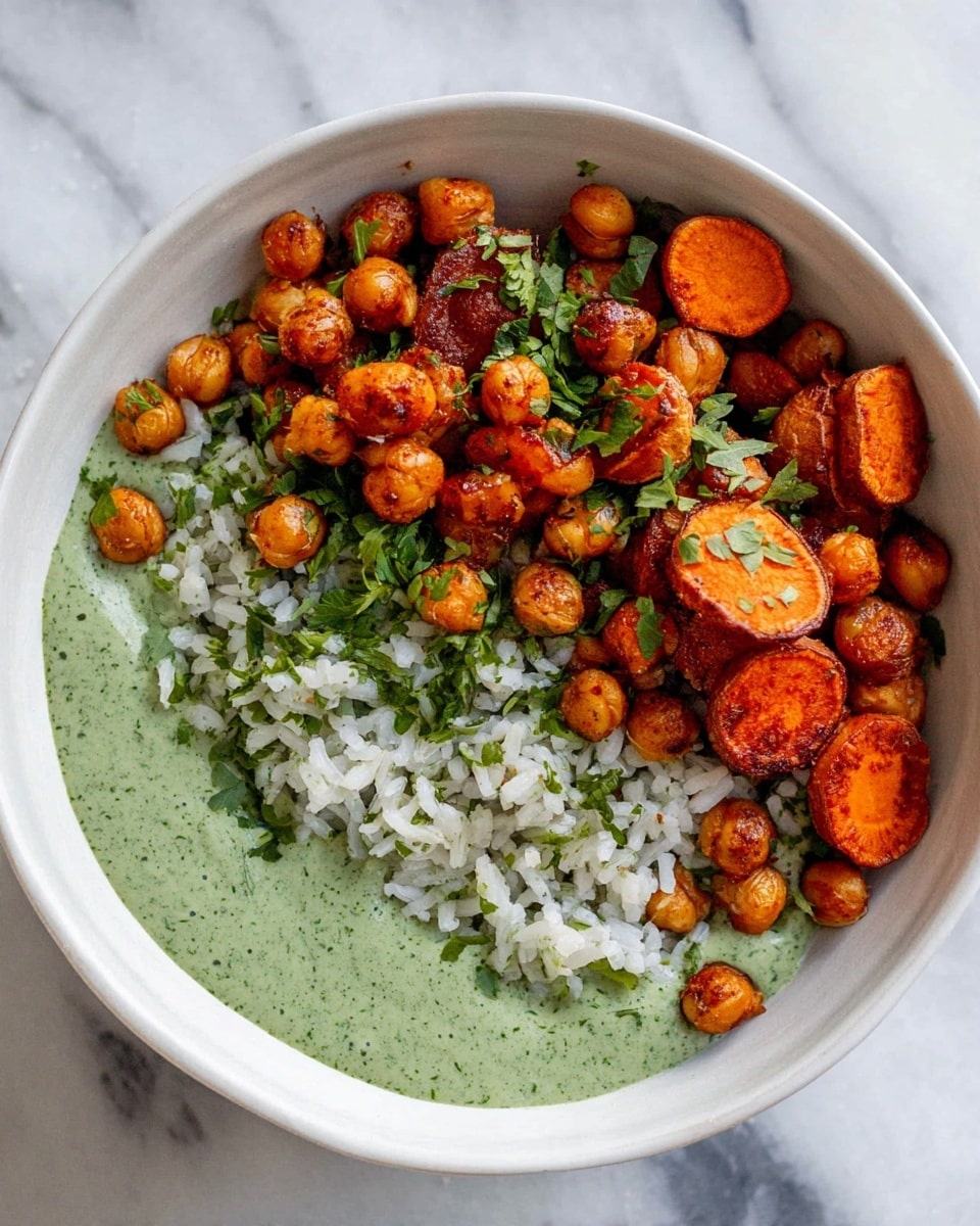 A white bowl filled with three main layers; the bottom layer is a creamy green sauce with a smooth texture spread evenly inside the bowl, followed by a middle layer of white rice mixed with chopped green herbs, creating a light and fresh look. On top, there are roasted chickpeas and round slices and chunks of orange sweet potatoes, all sprinkled with small green cilantro leaves, giving a warm and vibrant color contrast. The bowl is placed on a white marbled surface. Photo taken with an iphone --ar 4:5 --v 7