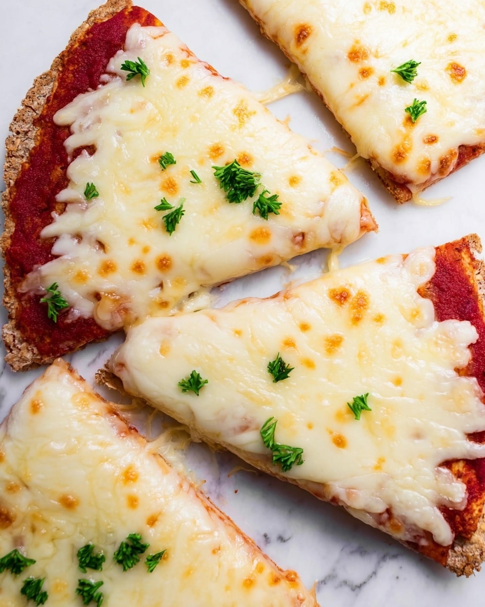 Four slices of pizza are shown on a white marbled surface, each slice topped with a thick layer of melted cheese that is creamy white with some light golden spots. The base layer consists of a thin crust with a visible layer of bright red tomato sauce underneath the cheese near the edges. Small pieces of green parsley leaves are sprinkled on top of the cheese, adding a fresh color contrast. The slices are arranged close to each other but not touching. Photo taken with an iphone --ar 4:5 --v 7