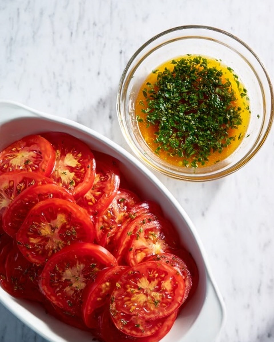 The image shows a white oval dish filled with two layers of thin red tomato slices evenly spread and overlapping each other. Next to this dish is a transparent glass bowl containing chopped green herbs mixed with a yellow-orange liquid, creating a blend of fresh green and golden colors. Both dishes are placed on a white marbled surface. The scene is bright and fresh, highlighting the natural colors of the tomatoes and herbs. photo taken with an iphone --ar 4:5 --v 7