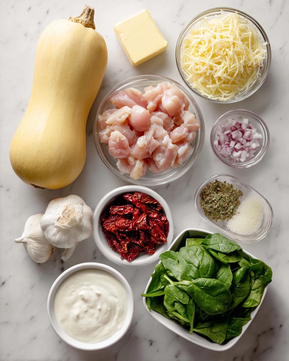 The image shows nine ingredients arranged neatly on a white marbled surface. On the left is a whole spaghetti squash, pale yellow and smooth, next to a small clear bowl filled with light pink raw chicken pieces. Above the chicken is a small block of butter, light yellow and square. Near the center top is a small clear container filled with finely shredded pale yellow Parmesan cheese. Below it is a small white bowl with finely chopped light purple shallots. To the right of the shallots is a square clear container full of fresh, bright green spinach leaves. Below the spinach is a small white bowl with sun-dried tomatoes that are deep red and wrinkled. Next to it is a small white bowl with heavy cream, white and smooth. At the center left, near the squash and chicken, is a whole garlic bulb, off-white with a papery skin. The photo taken with an iphone --ar 4:5 --v 7