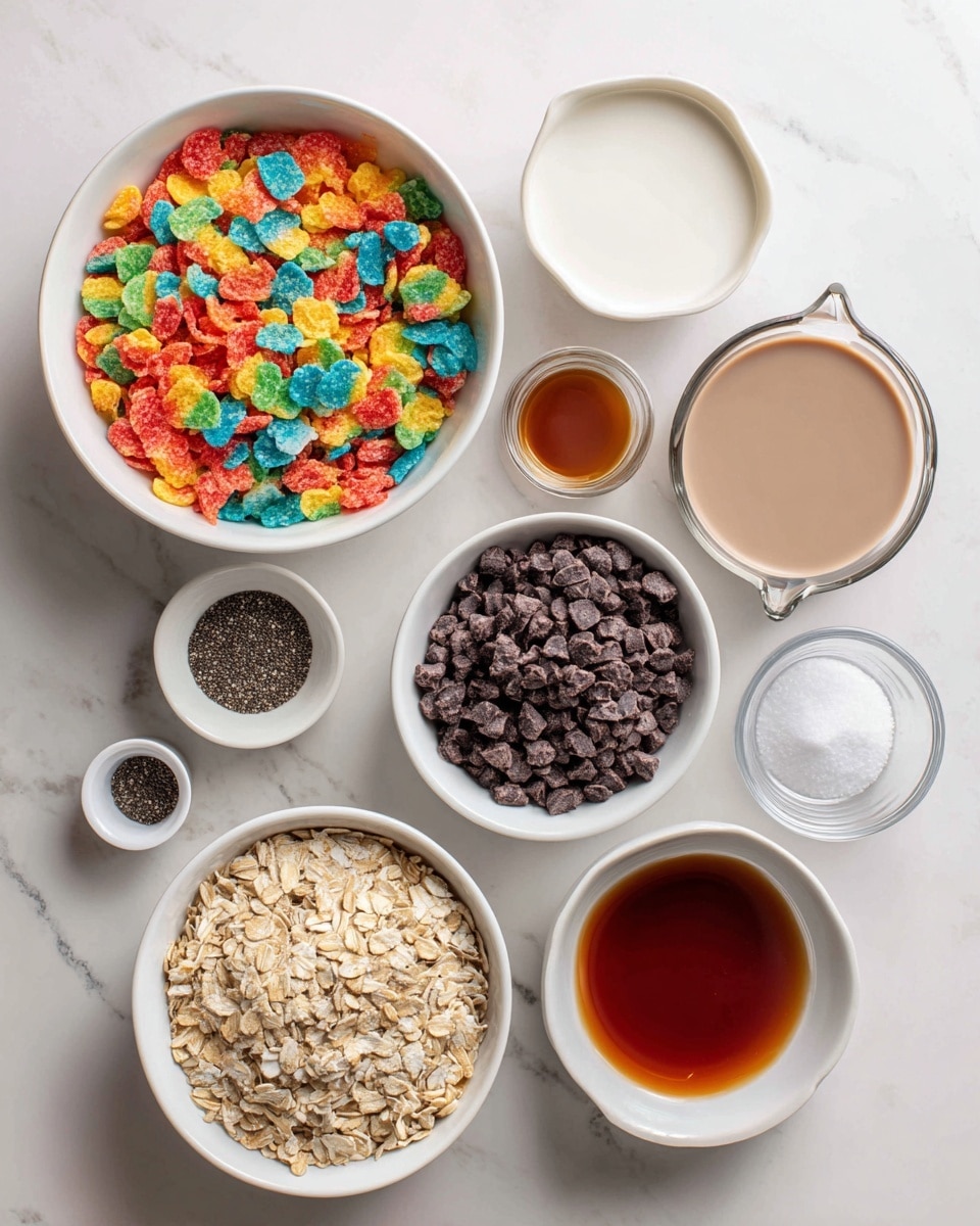 The image shows two small clear glass bowls filled with cereal and milk placed on a white marbled surface. The bowl on the left has a layer of light beige oatmeal at the bottom, topped with white milk, and colorful, bright red, green, blue, yellow, and orange fruity cereal pieces scattered on top with a silver spoon inside the bowl. The bowl on the right contains a base of chocolate-colored milk with light brown oatmeal, and a thick layer of dark brown chocolate cereal pieces on top with a silver spoon resting inside. Some cereal pieces and oatmeal grains are scattered around the bowls on the surface. Photo taken with an iphone --ar 4:5 --v 7