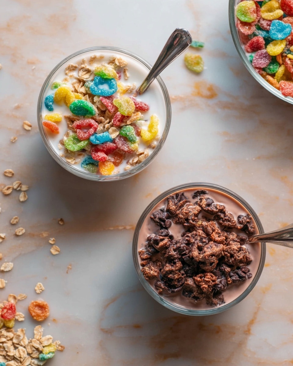 The image shows an overhead view of several white bowls and clear measuring cups on a white marbled surface, each filled with different ingredients. In the center, one large white bowl is filled with colorful fruity pebble cereal that includes bright red, orange, yellow, green, and blue flakes, while another large white bowl contains dark brown cocoa pebbles with a rough texture. Next to them, a smaller white bowl holds light beige old fashioned oats with a dry and flaky texture. Surrounding these are small white bowls with tiny black chia seeds, white protein powder, and a pinch of salt. Two clear measuring cups hold liquids; one contains plain white milk and the other chocolate milk with a smooth brown color. A small white container holds dark amber maple syrup. The arrangement is neat with all items in view, creating a clean and colorful mix of textures and shades. photo taken with an iphone --ar 4:5 --v 7