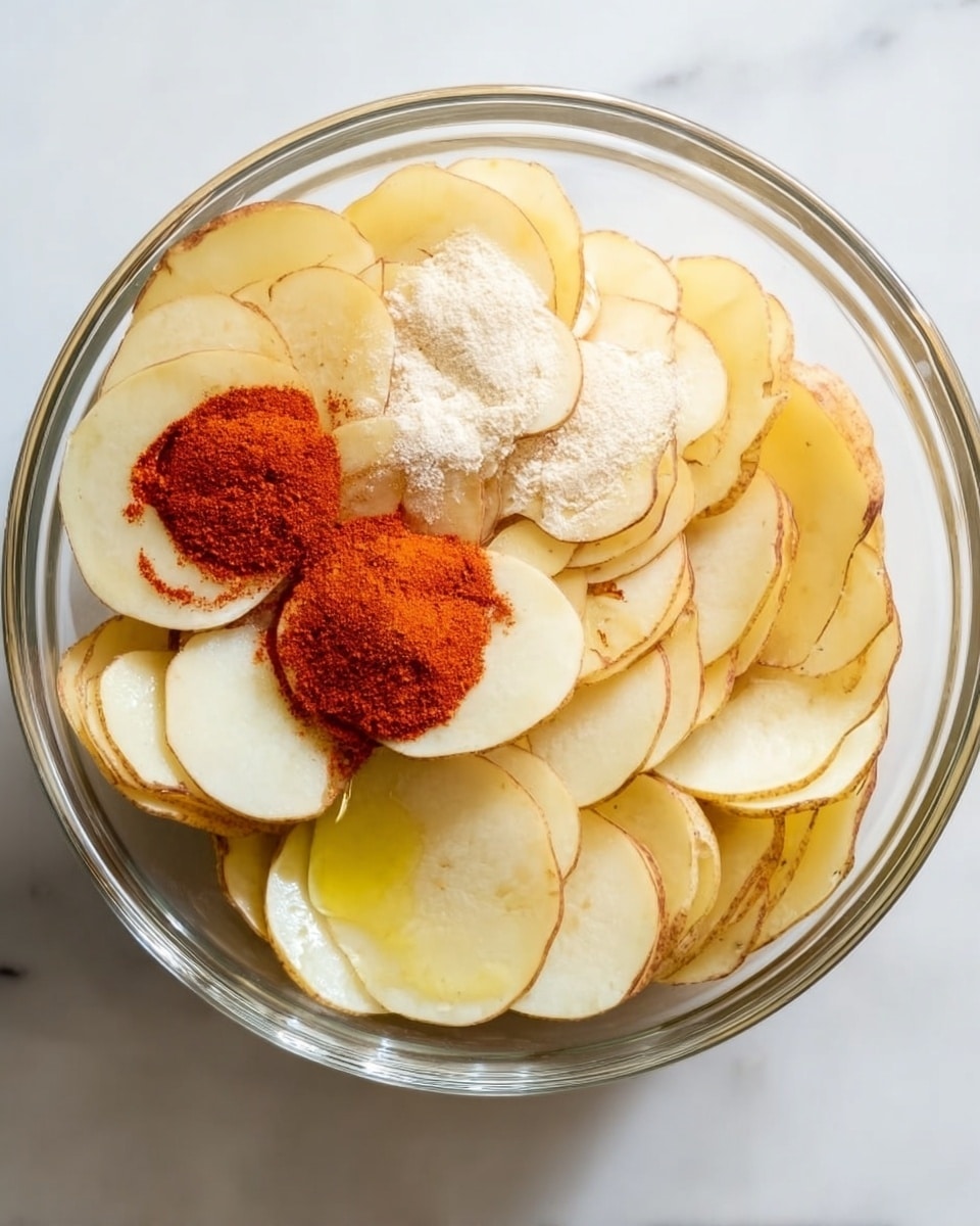 A clear glass bowl filled with thin yellow and light brown potato slices, layered evenly inside. On top of the slices, there are small piles of white powder and two bright red-orange powders placed next to each other on separate potato slices. A light yellow liquid, likely oil, is seen pooling around the potato slices inside the bowl. The bowl sits on a white marbled surface. photo taken with an iphone --ar 4:5 --v 7