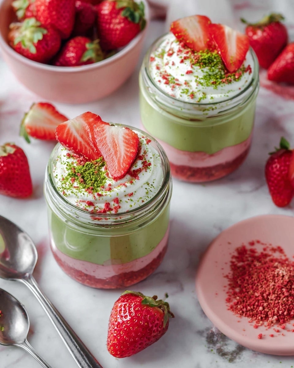 The image shows a clear glass jar filled with three layers of food placed on a white marble surface. The bottom layer is thick and pinkish-red with a textured look. The middle layer consists of vertically sliced strawberries with their red flesh and seeds clearly visible, forming a ring around the jar’s inside. The top layer is a thick green mixture with small black seeds, spread smoothly and topped with a dollop of white cream. On the cream, there are two halves of a fresh strawberry and some red and green sprinkles. The jar is placed on a white ceramic plate with a curvy edge. In the background, there is another similar jar and a plate with whole strawberries. Nearby, a small white bowl holds red powder, and two silver spoons lie next to the jar. The scene has a soft, natural light and a clean, white marbled texture surface photo taken with an iphone --ar 4:5 --v 7