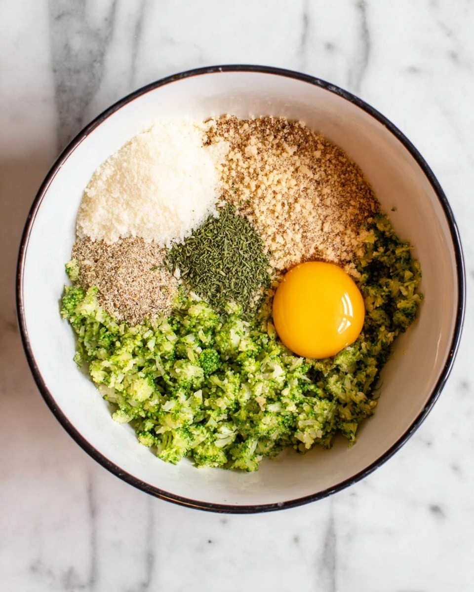 A white bowl with a black rim sits on a white marbled surface, filled with six separate layers of ingredients. On the right, a single raw egg yolk rests on top of a green textured layer of finely chopped broccoli that takes up the bottom half of the bowl. To the upper right of the broccoli is a pile of light brown almond flour, and above it, a small mound of white grated cheese is on the left side. Between the cheese and broccoli lies a mix of small white and tan spices, and directly above the green broccoli in the center is a layer of dried green herbs. The layers are distinct and spread without mixing. photo taken with an iphone --ar 4:5 --v 7