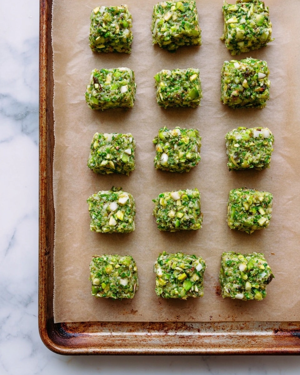 The image shows a baking tray lined with light brown parchment paper, placed on a white marbled surface. On the parchment paper, there are 15 small, square-shaped green pieces arranged in four rows, each piece textured with visible bits of white and darker green mixed throughout. The green squares look like a mixture of chopped herbs or vegetables combined with small chunks of nuts or seeds, giving them a coarse and rough texture. The edges of the baking tray have some slight discoloration and wear. photo taken with an iphone --ar 4:5 --v 7