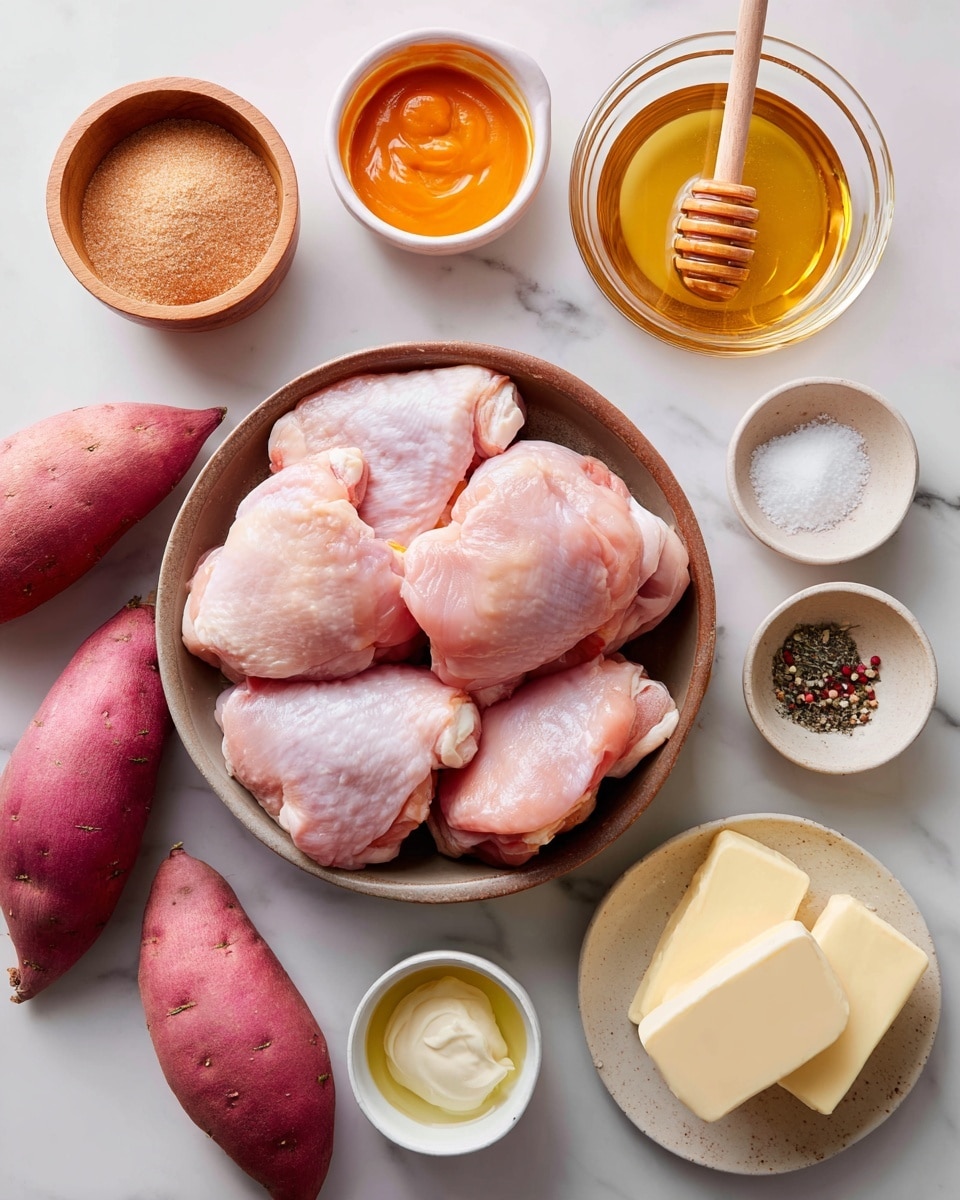The image shows a top view of various ingredients arranged on a white marbled surface. In the center-right is a brown bowl filled with six raw pink chicken thighs, soft and plump. Around the bowl, there are four reddish-purple sweet potatoes with smooth skins. To the top left, a small wooden bowl is filled with light brown brown sugar and a wooden spoon. Above it, a small clear glass container holds bright orange buffalo sauce. To the right of that, a small white bowl contains golden honey with a wooden honey dipper inside. Below these, small light-colored bowls contain salt and pepper mixed, creamy white mayo, melted yellow butter, and a small round glass dish holds two pale yellow pieces of butter. Everything is neatly placed with clear labels on each item. The background is bright and clean. Photo taken with an iphone --ar 4:5 --v 7