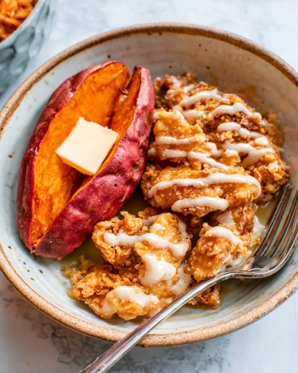 The image shows a white bowl on a white marbled surface holding a meal with two main parts. On the left, there are two thick slices of red-skinned sweet potato, soft and golden inside, stacked slightly with a square of melting butter on top. On the right, there is a serving of light brown fried chicken pieces, crispy and layered, covered with a drizzle of white creamy sauce in thin lines. A silver fork rests on the edge of the bowl. The photo taken with an iphone --ar 4:5 --v 7
