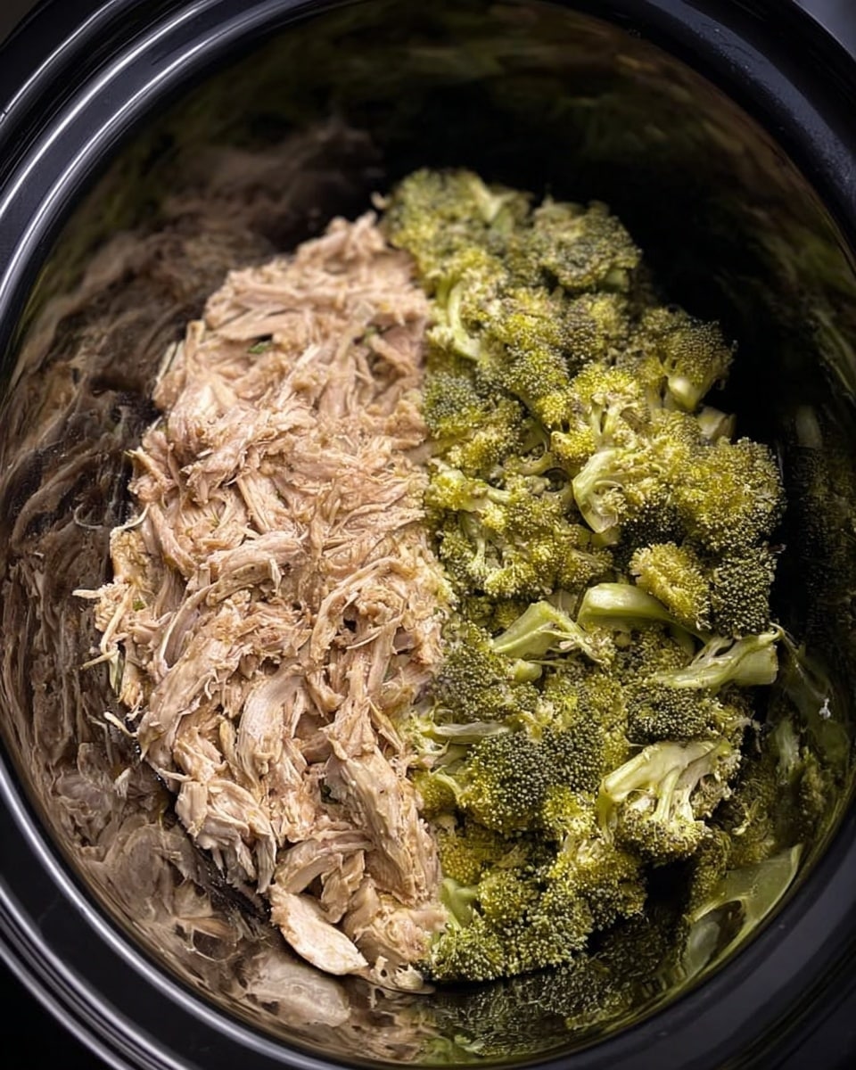 Inside a dark metal slow cooker, there are two main layers side by side. On one side, shredded light brown cooked meat with some pieces showing a pinkish tone, having a fibrous texture. On the other side, bright green cooked broccoli florets with some darker spots from cooking, showing a soft and slightly wilted texture. The background is a white marbled texture. Photo taken with an iphone --ar 4:5 --v 7