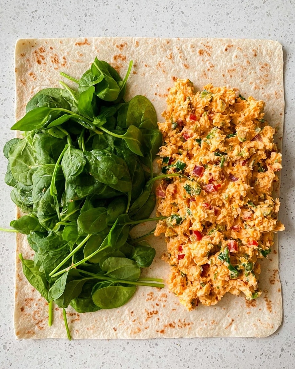 A flat, rectangular wrap lies open on a white marbled surface. On the left side, there is a neat pile of fresh, dark green spinach leaves with slightly shiny, smooth textures. On the right side, there is a thick layer of creamy, orange-colored salad mixed with small pieces of diced red, green, and orange vegetables, giving a chunky texture and colorful look. The wrap itself is light brown with some darker spots, showing a soft and slightly rough texture. photo taken with an iphone --ar 4:5 --v 7