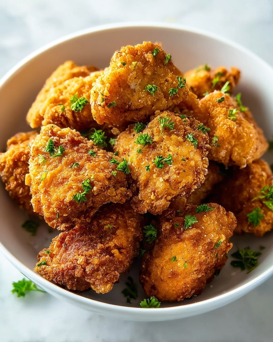 A white bowl full of crispy fried chicken pieces with a golden-brown crunchy crust. Each piece is irregular in shape and shows a textured, rough surface. Bright green small parsley leaves are scattered on top and around the chicken, adding color contrast. The bowl sits on a white marbled surface with soft, natural lighting highlighting the chicken's crispy details. photo taken with an iphone --ar 4:5 --v 7