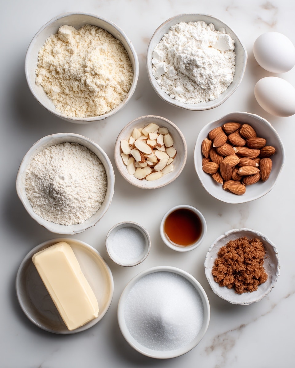 The image shows a white marbled surface with various baking ingredients arranged neatly in white bowls and plates. There are nine main clusters: almond flour in a medium white bowl with a fine, crumbly texture, sliced almonds in a small white bowl with pieces of light brown and cream nuts, and brown sugar in another medium white bowl with a coarse, rich brown texture. A medium white bowl holds powdered sugar that looks soft and fluffy, while granulated sugar appears as a small pile on the surface, white and grainy. A block of butter with smooth, pale yellow color sits near two eggs that are whole and white. Another medium white bowl contains a white powdery mix labeled as flour, baking powder, and salt with a fine texture. Small white bowls hold almond extract and vanilla extract as clear liquids, while orange zest, which is optional, is displayed lightly grated in a small white bowl. The whole setup is clean, bright, and well organized on the white marbled surface, photo taken with an iphone --ar 4:5 --v 7