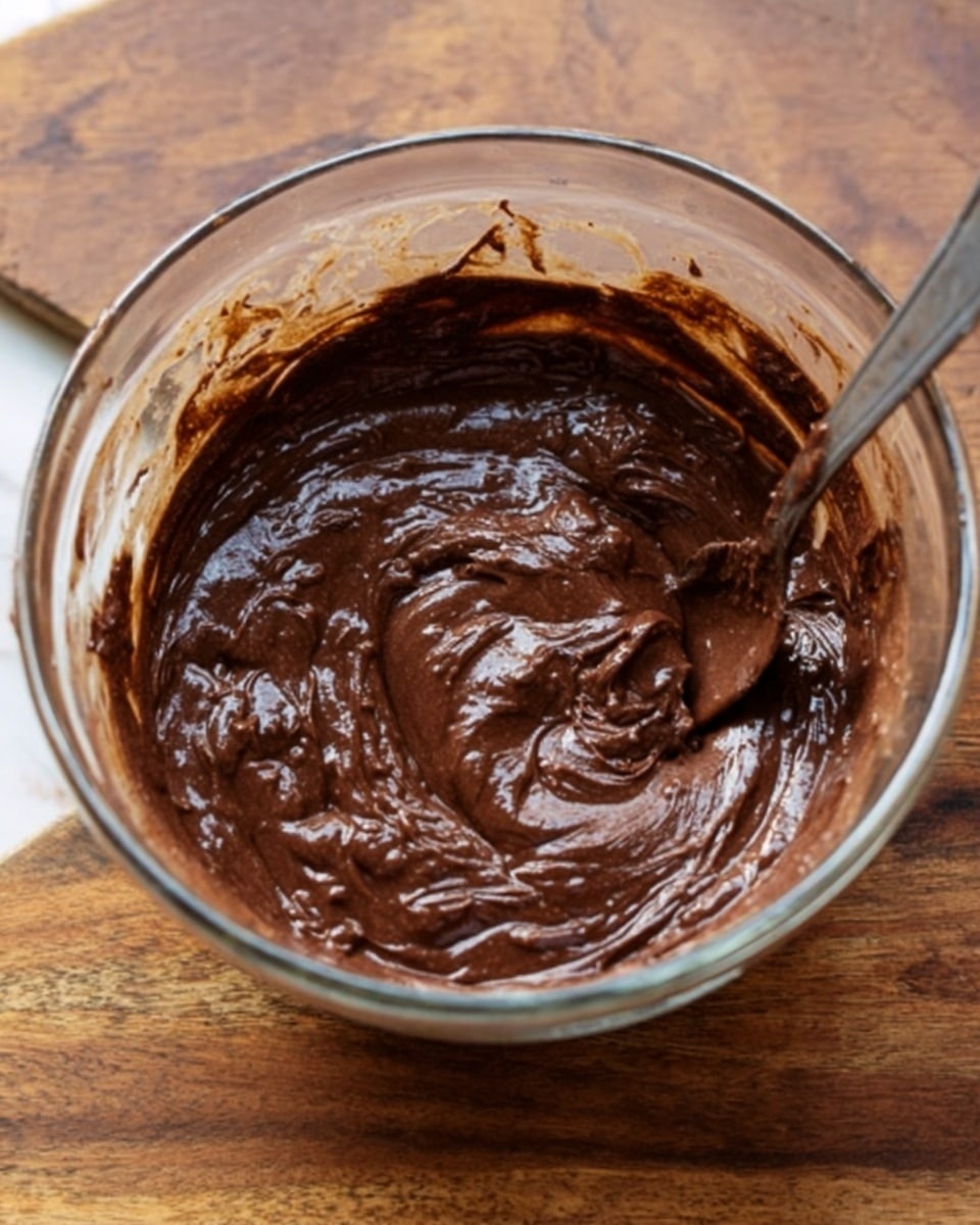 The image shows a clear glass mixing bowl filled with thick, smooth, dark brown chocolate batter. The batter has a shiny and creamy texture with some swirling patterns on the surface, indicating it has just been stirred. A metal spoon is partially dipped into the batter, resting inside the bowl. The bowl is placed on a wooden surface, which is changed to a white marbled texture. Photo taken with an iphone --ar 4:5 --v 7