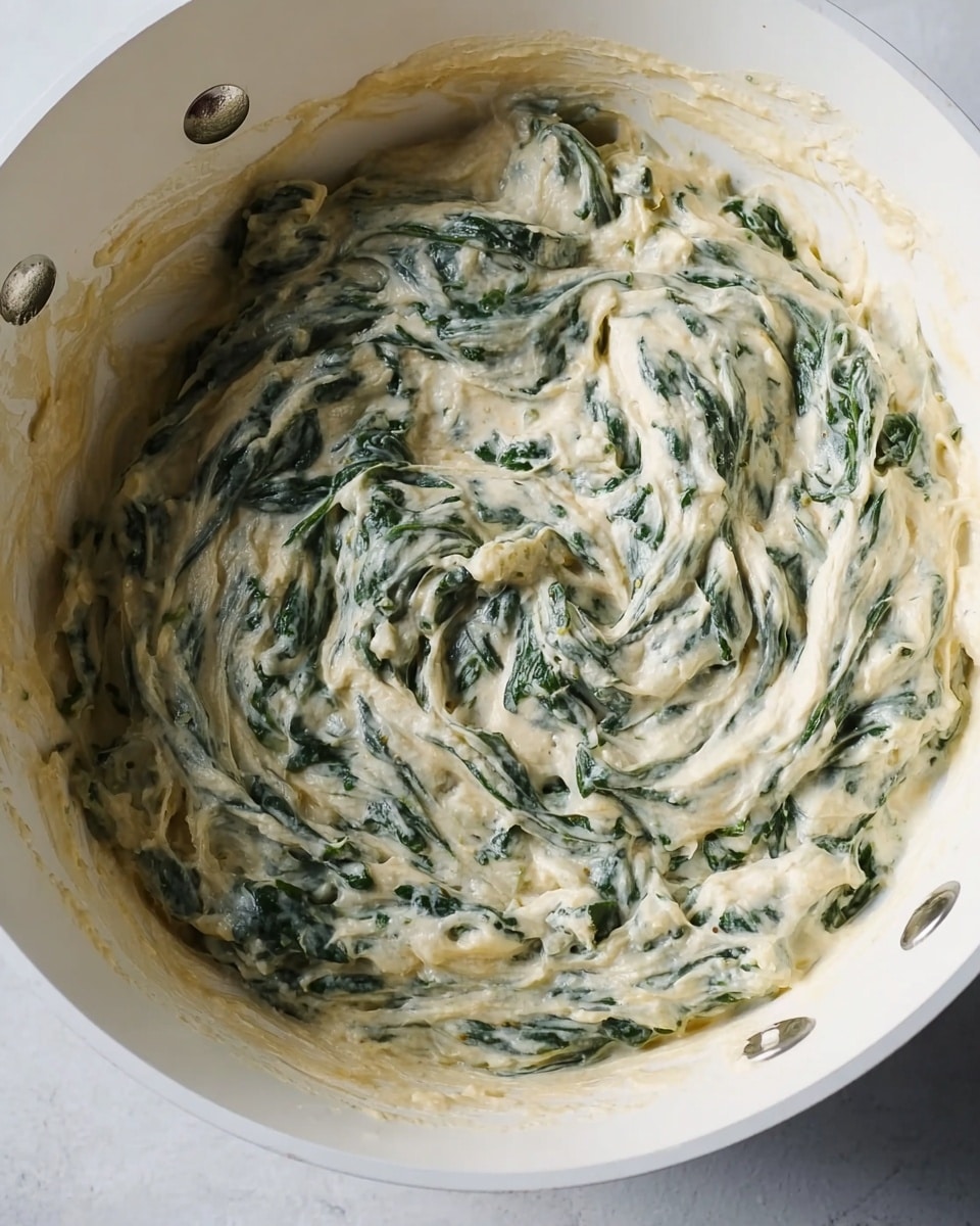 The image shows a white pan filled with creamy spinach dip that has a thick, smooth texture. The creamy layer is light beige with visible dark green spinach leaves mixed evenly throughout, giving a wrinkled, soft look. The spinach pieces are large and spread across the creamy base in swirled patterns, making the dip look rich and full. The white metal pan has two rivets visible on one edge and some dip residue on the sides. The pan is placed on a white marbled surface photo taken with an iphone --ar 4:5 --v 7