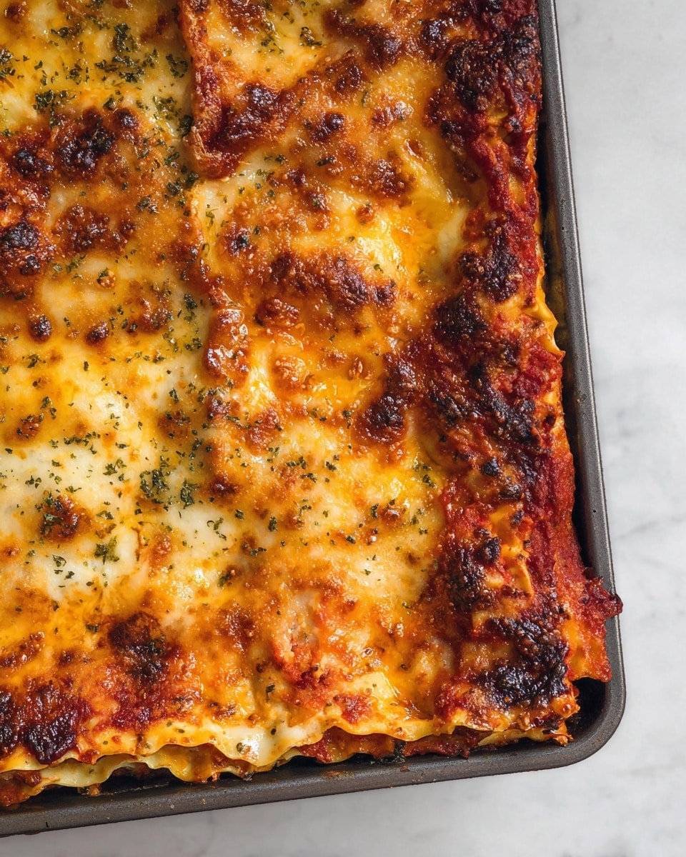 The image shows a rectangular deep baking tray filled with four layers of baked lasagna. The top layer is a mix of melted golden and light brown cheese with spots of darker browned edges and scattered dried herbs, showing a slightly bubbly texture. Underneath, bright red tomato sauce peeks through in some areas, especially near the edges where the cheese is thinner. The lasagna sheets are soft, folded in places, with layers of creamy white sauce visible below the tomato. The edges are slightly crisp and browned, contrasting with the gooey center. The tray is set on a white marbled surface. photo taken with an iphone --ar 4:5 --v 7