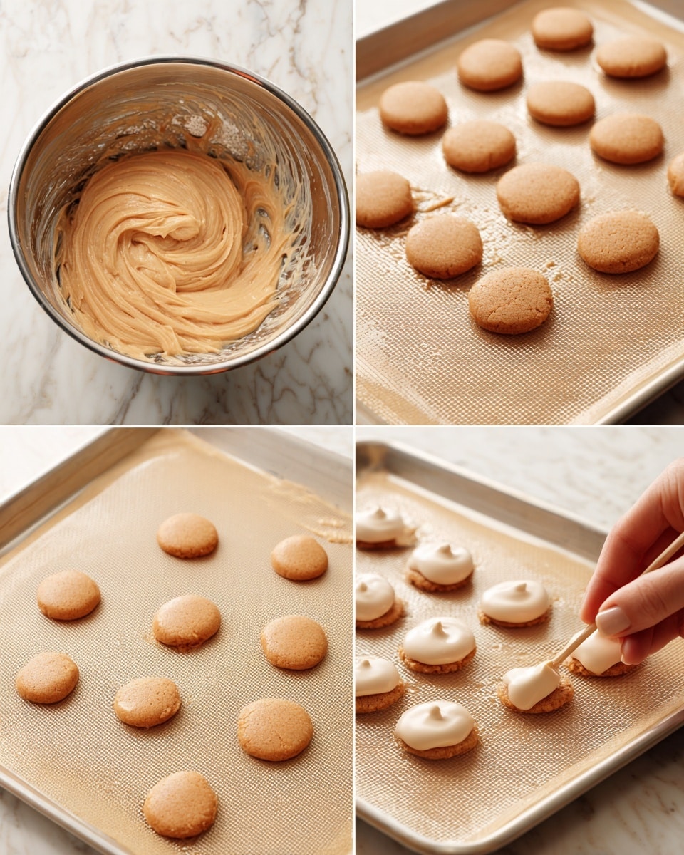 The image shows four stages of making light brown round cookies on a white marbled surface. In the first part, a thick, creamy light brown batter is inside a metal mixing bowl with a textured surface. In the second part, a woman's hand holds a toothpick, gently poking holes in the soft, pale brown batter circles on a beige baking mat with a slight shine. The third part shows many smooth, round, light brown baked cookies on the same baking mat, connected with a few thin lines of batter. In the last part, those round cookies have light cream-colored dollops spread unevenly on top. photo taken with an iphone --ar 4:5 --v 7