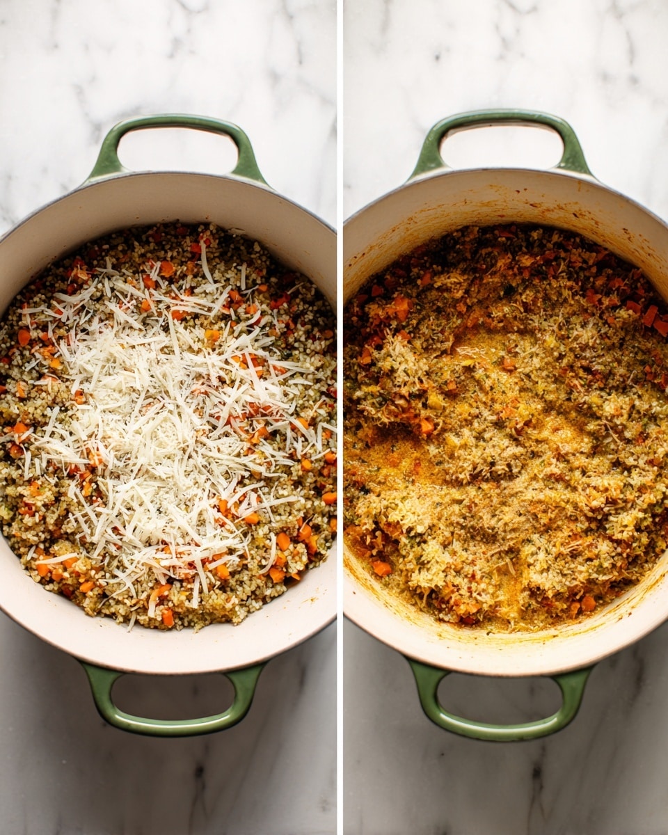 A large white pot with green handles on a white marbled surface shows two stages of a dish. The first image (left) has a layer of grain mixed with small bits of vegetables, topped with white shredded pieces scattered evenly on top, showing a mix of orange and light brown colors. The second image (right) displays the same pot with the contents fully mixed into a thick, creamy, orange and light brown mixture with a rough texture. Both photos are bright and clear. photo taken with an iphone --ar 4:5 --v 7